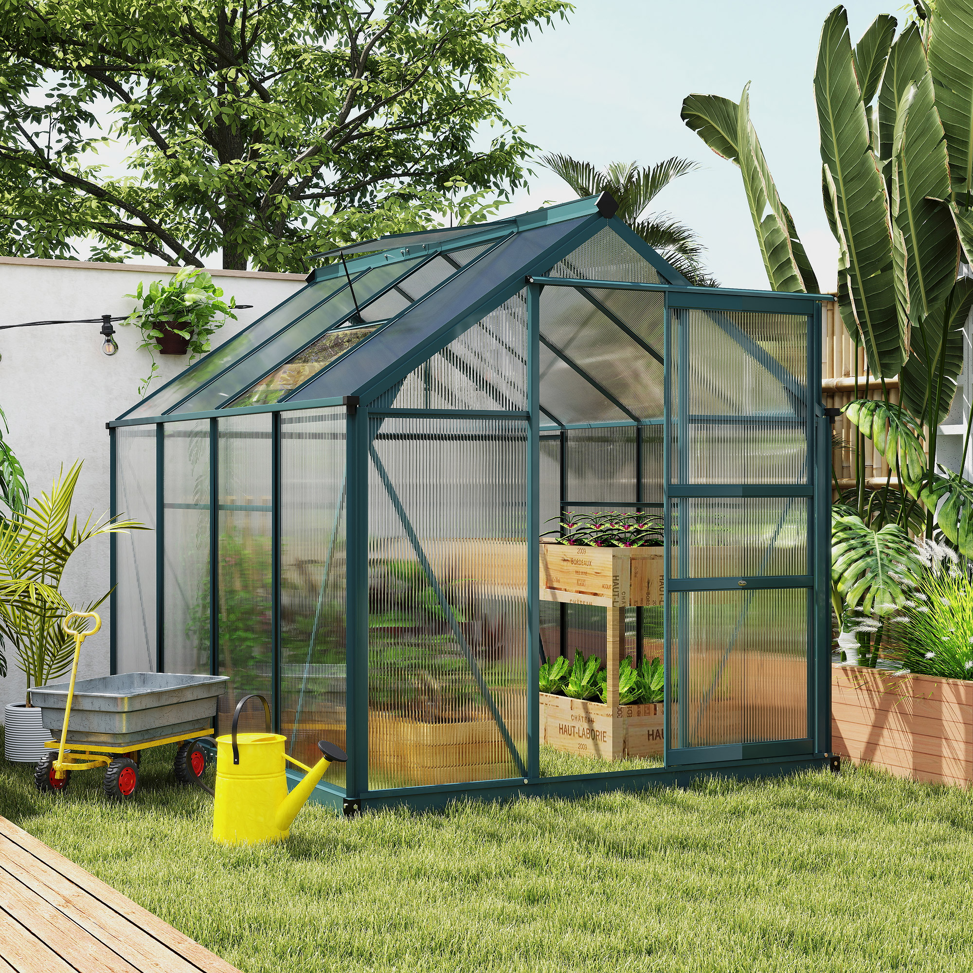 Outsunny kas met polycarbonaat behuizing en dakklep, 190x 252 x 201 cm