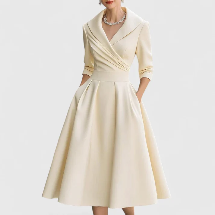 Klassisches Damen Wickelkleid mit V-Ausschnitt | Elegantes Midikleid mit 3/4-?rmeln und praktischen Seitentaschen