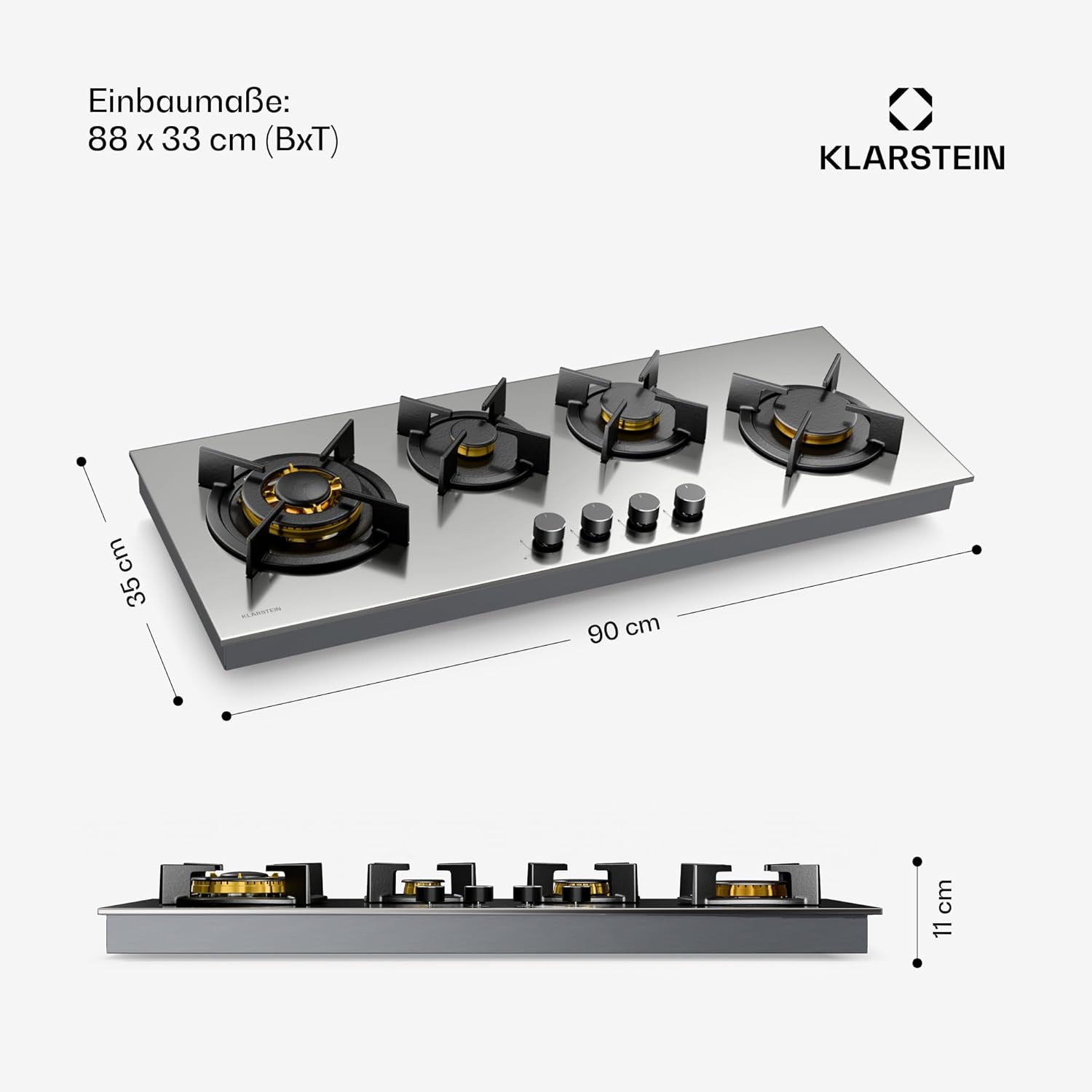Klarstein Gasherd, Gaskochfeld 5 Flammen, Einbau-Gaskocher für Zuhause & Wohnmobil, Campingkocher mit Glasplatte, Gasherd für Propan- und Erdgas, Edelstahl Gas-Herdplatte Wok Brenner 10400 Watt