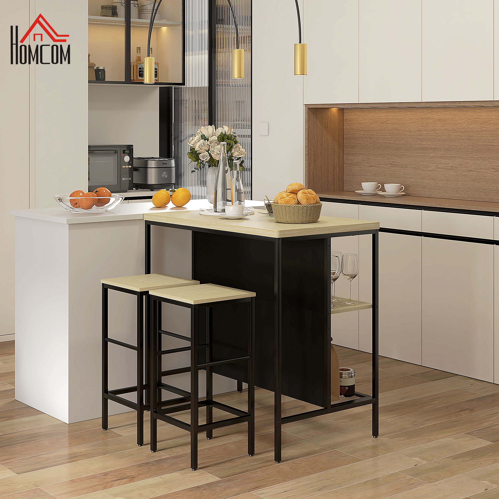 Barset, 2 Barkrukken & 1 Bartafel, vlekbestendig, stabiel, Staalframe, Zwart/Eik