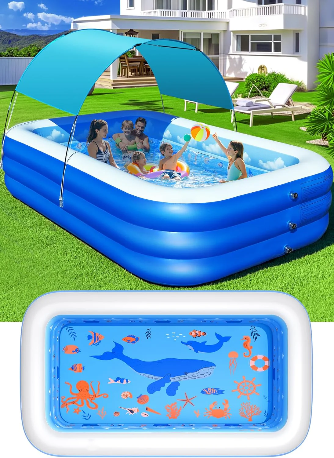 Inflatable Pool with Canopy.Upgraded Inflatable Swimming Pool for Kids.Adult.Large Inflatable Blow up Pools.Ocean Theme Oversized Thickened 105x75x25Inflatable Family Pools for Backyard-Blue