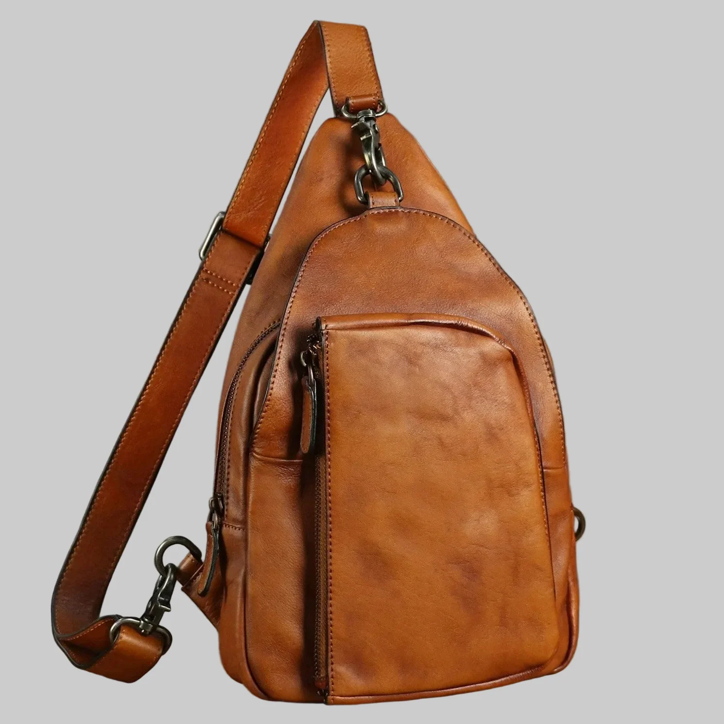 Full Grain Leather Sling Bag Zipper Chest Shoulder Purse
