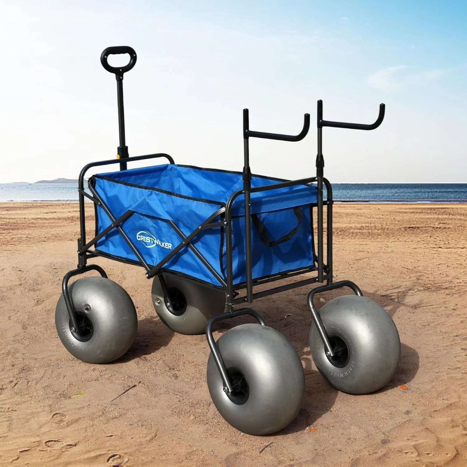 Beach cart with 13-inch balloon wheels, chair brackets and pump included