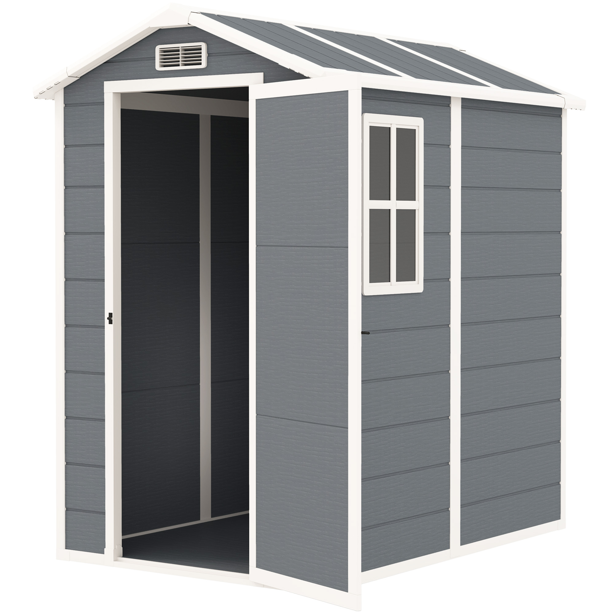 Outsunny Tuinschuur, Kunststof Tuinhuis met Vloer, Venster, Vergrendelbare Deuren, voor Tuin, 131B x 186D x 198H cm, Grijs
