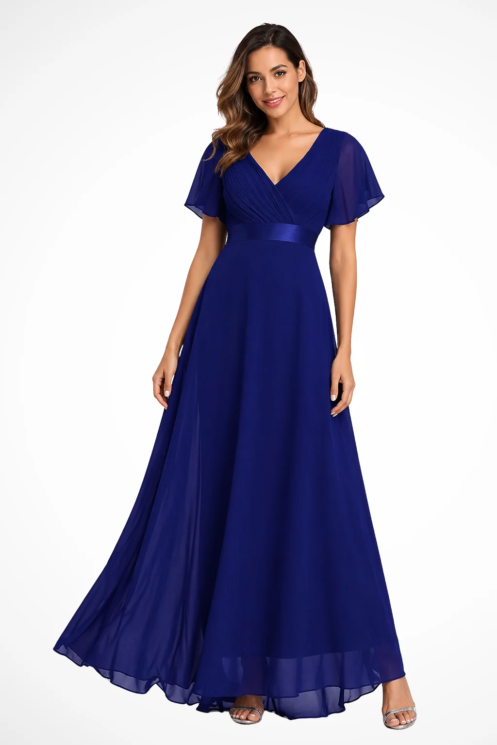 Maxikleid Damen aus Chiffon | Festliches Kleid f��r Hochzeitsg?ste mit V-Ausschnitt und Flatter?rmeln | Flie?endes Abendkleid
