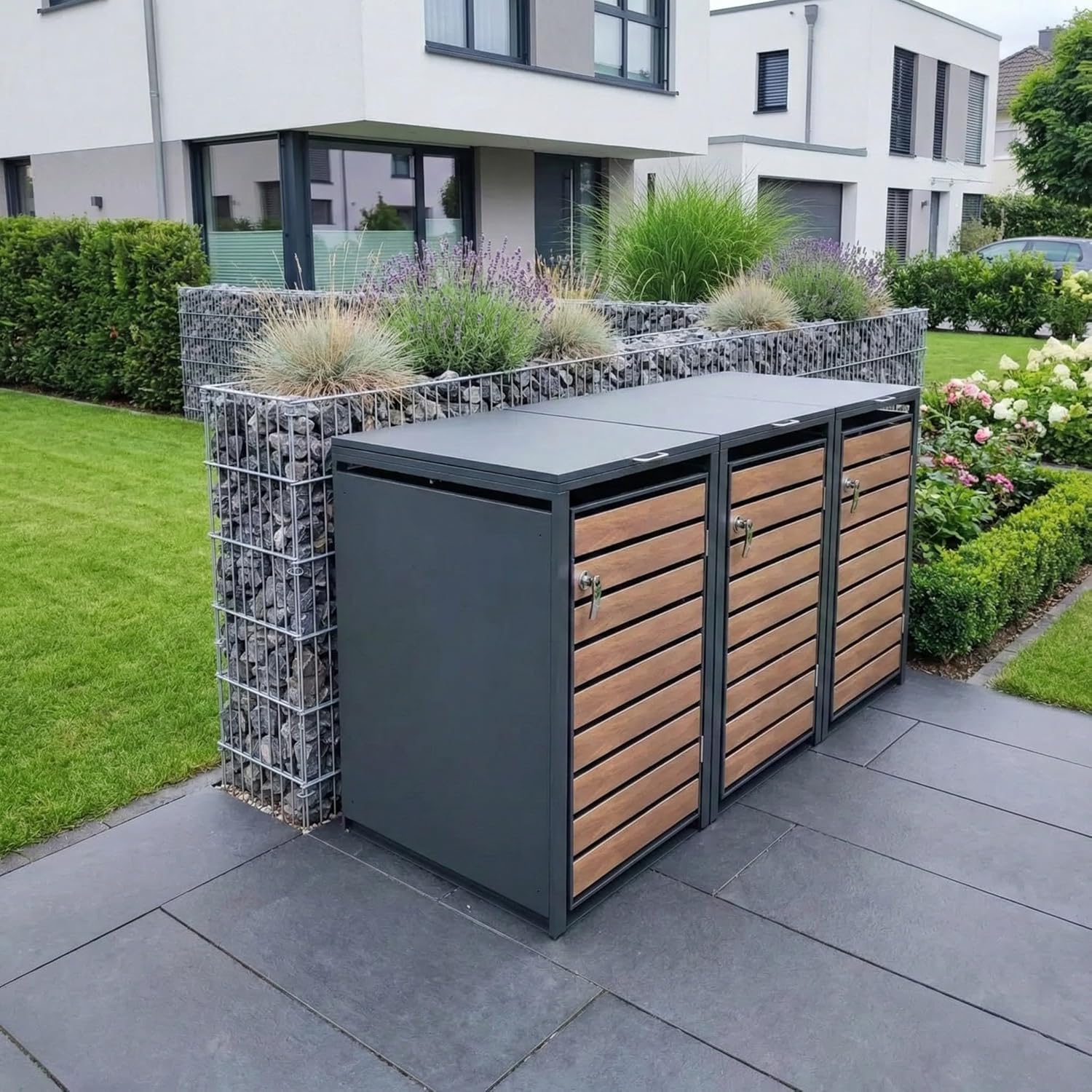 Metzler Mülltonnenbox in Anthrazit & Holzoptik 3er 240L, Mülltonnenverkleidung 3 Tonnen, witterungsbeständiger und pulverbeschichteter Stahl mit Automatikdeckel, abschließbar, Garten- und Müllbox
