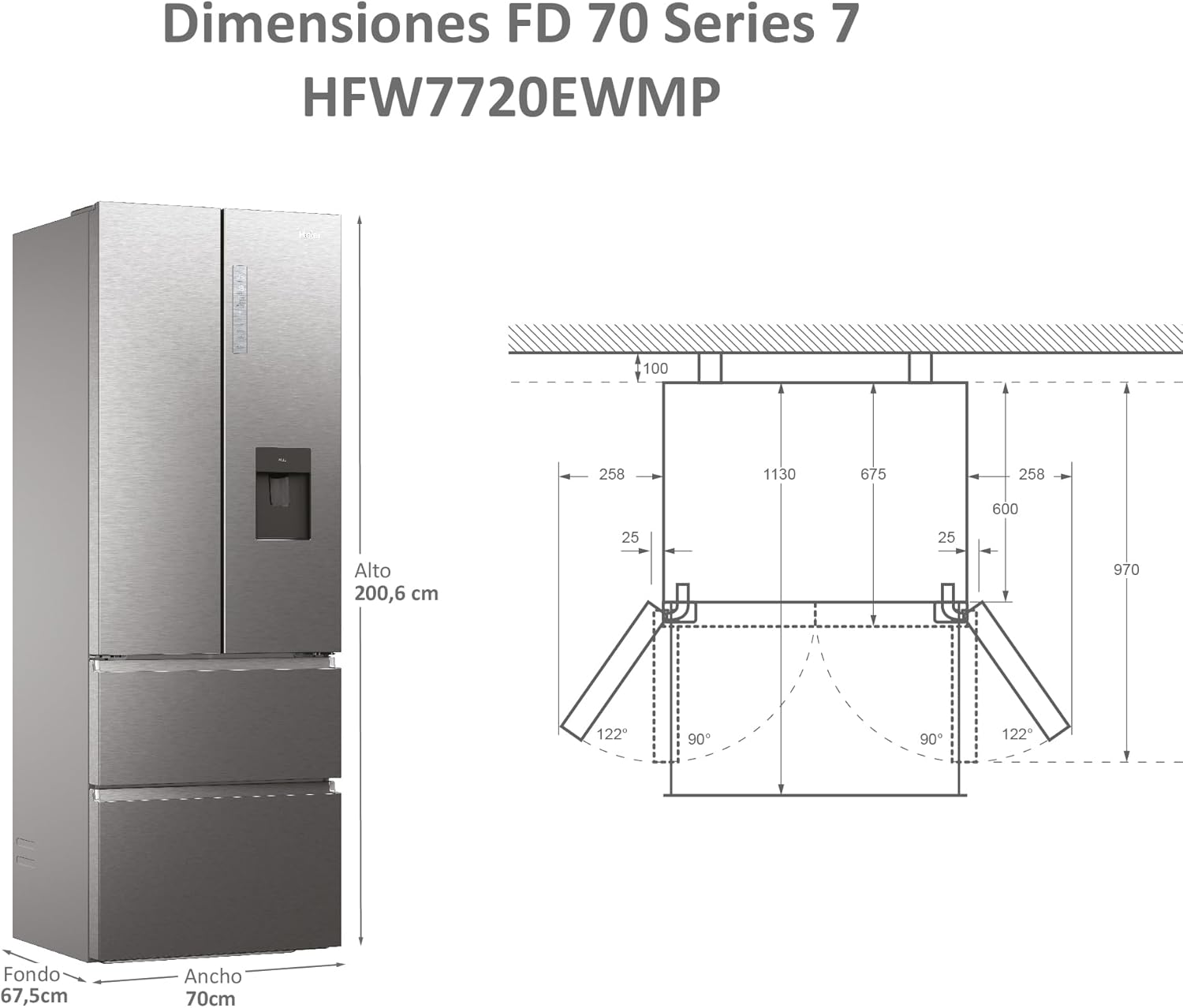 Haier FD 70 Series 7 HFW7720EWMP - Frigorífico con Dispensador de Agua, Conectividad WIFI, Puerta Francesa, Cajones Direct Access, Motor Inverter, Total No Frost, 477L, Ancho 70 cm, Alto 2 m, Inox