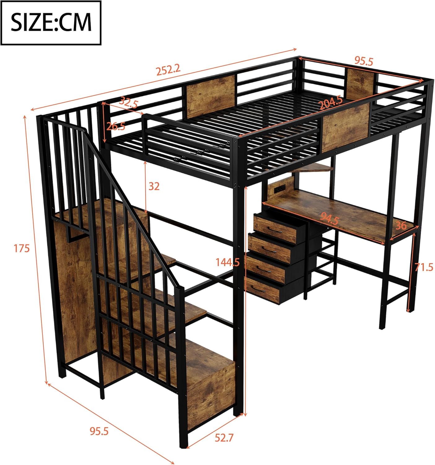 Merax Hochbett 90×200 cm aus Metall, mit Schreibtisch, Offener Kleiderschrank, Loftbett mit LED-Beleuchtung und Steckdose, platzsparendes Etagenbett (ohne Matratze)