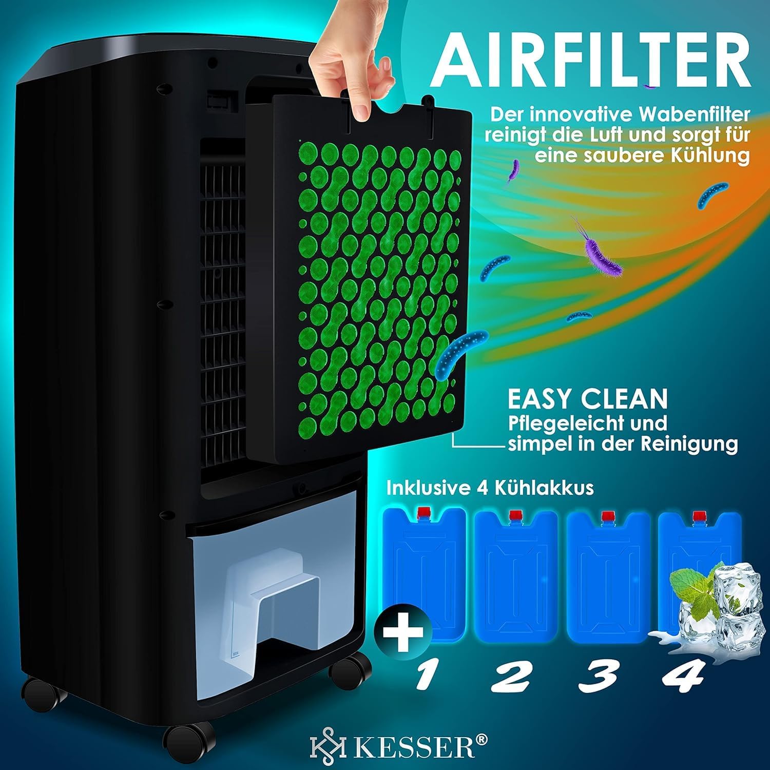 KESSER 4in1 Mobile Klimaanlage | Fernbedienung | Klimagert | Ventilator Klimaanlage | Timer | 3 Stufen | Ionisator Luftbefeuchter | Luftkühler |