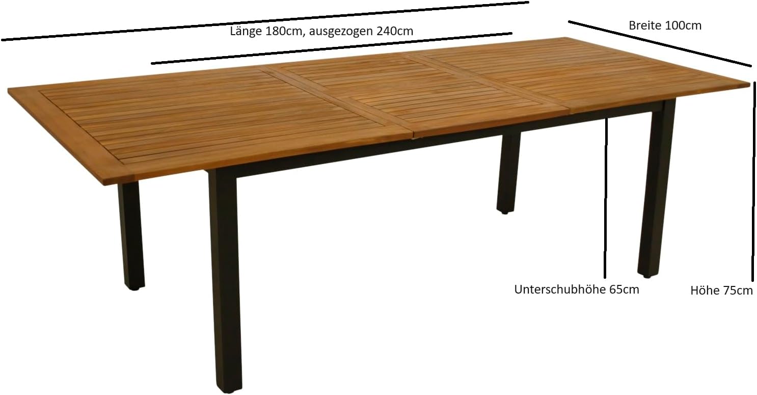 DEGAMO Gartentisch Ausziehtisch SARONNO 180/240x100cm, Aluminium anthrazit + Akazienholz geölt, Outdoor, FSC®-Zertifiziert
