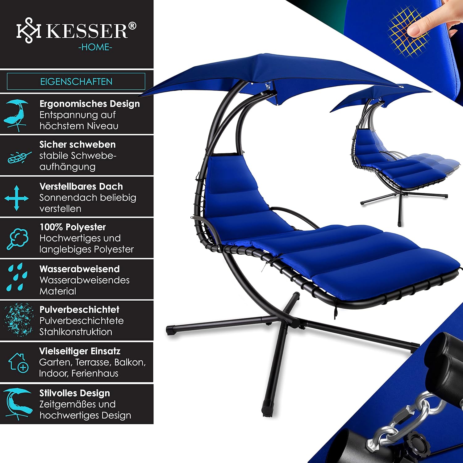 KESSER® Leżak wiszący z parasolem przeciwsłonecznym, wys. 200, dł. 194, szer. 100 cm, leżak relaksacyjny, hamak, obciążenie do 120 kg, leżanka bujana, poduszka na kark, w zestawie torba, Beżowy