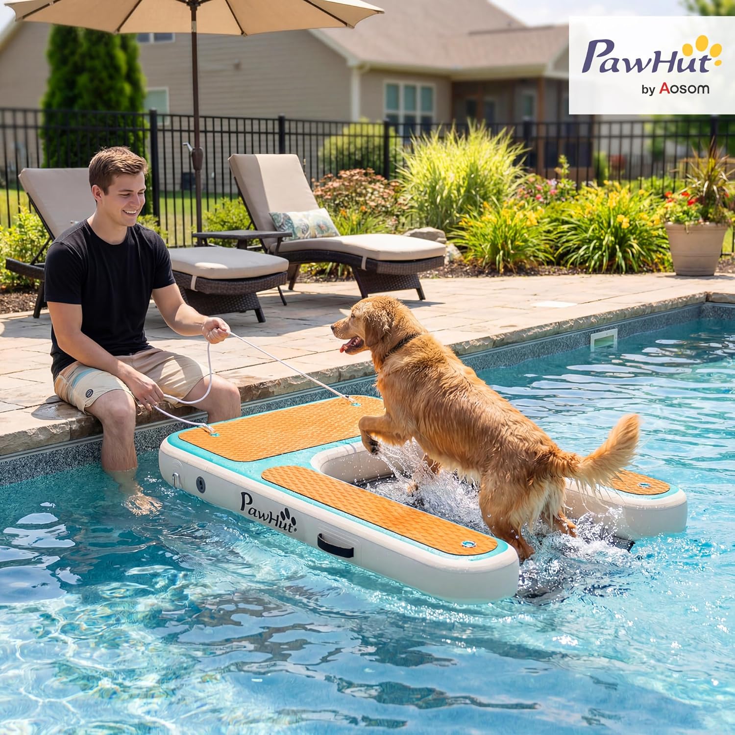 PawHut Aufblasbare Hunde Wasserrampe Hunderampe Pool 151x102 cm Tragbares Hundeboot mit Rutschfester Eva-Oberfläche Schwimmende Dock Leiter für große Hunde bis 100kg Schwimmleiter für Pool Boot Seen