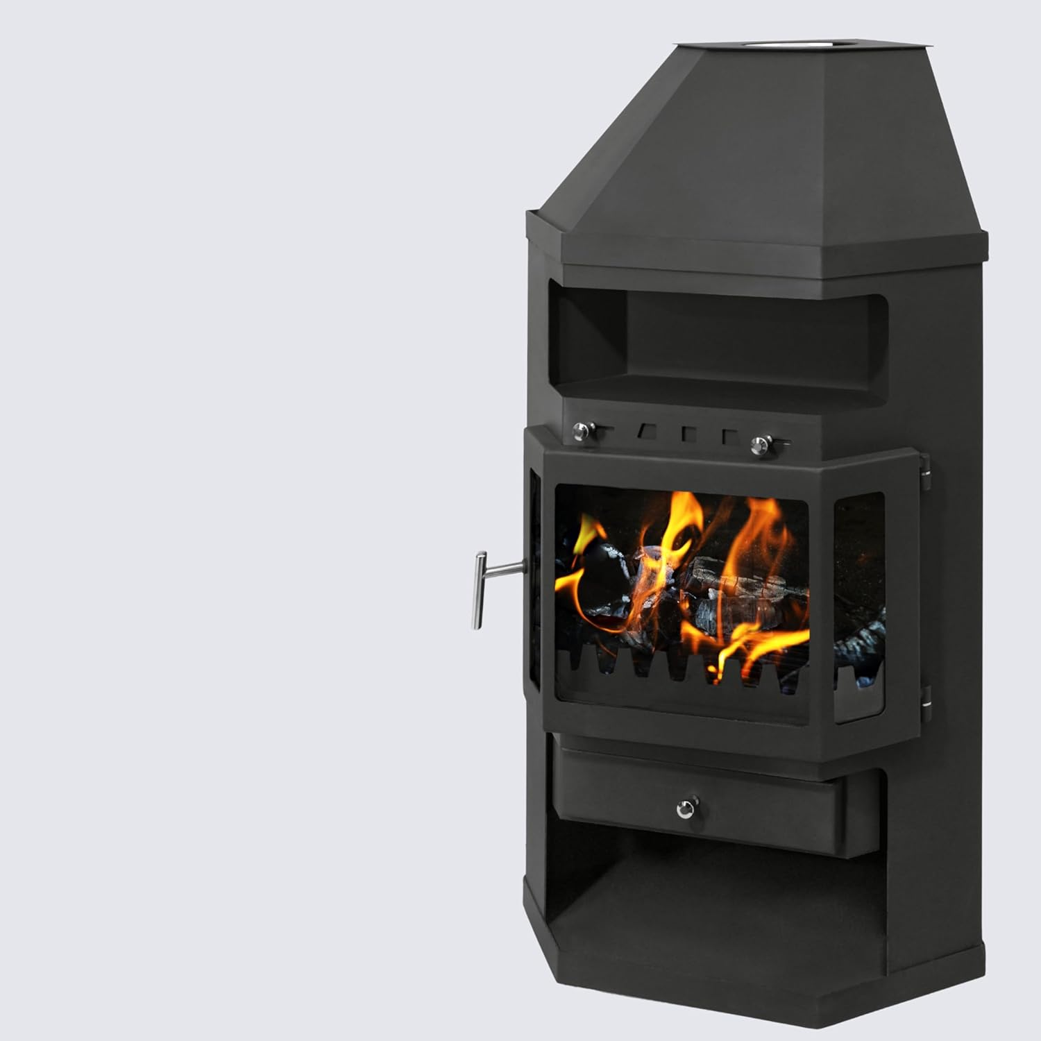 EIDER BIOMASA Estufa de Leña Esquinera LINAM – 10,6 kW – Compacta 121 × 53 × 68 cm – Para Troncos Grandes – Hasta 170 m³ – Clase Energética A
