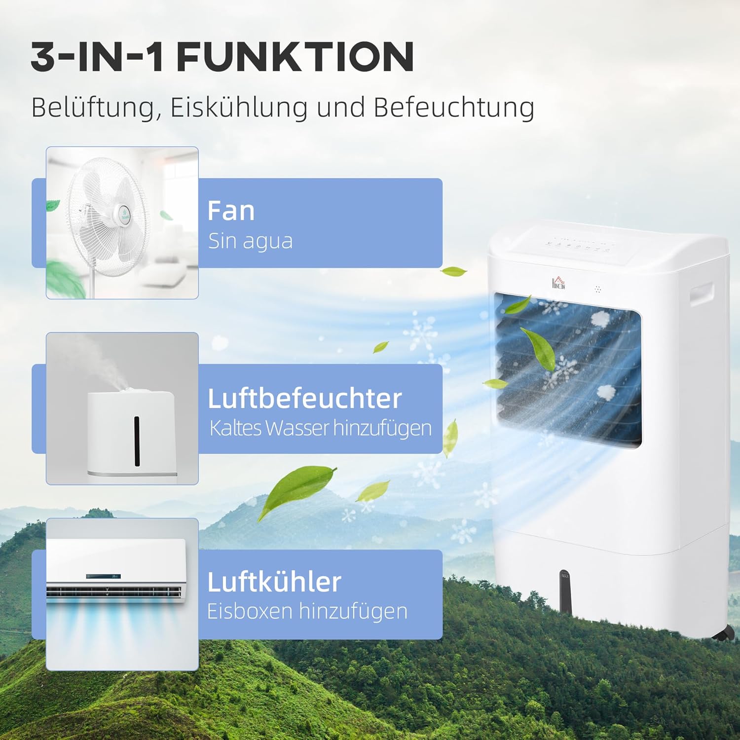 HOMCOM 3 in 1 Mobile Luftkühler mit Wasserkühlung und Luftbefeuchtung 15L Wassertank 60°oszillierendes Ventilator ohne Abluftschlauch mit 7,5h Timer, Fernbedienung, LCD-Anzeige, für 20 ㎡