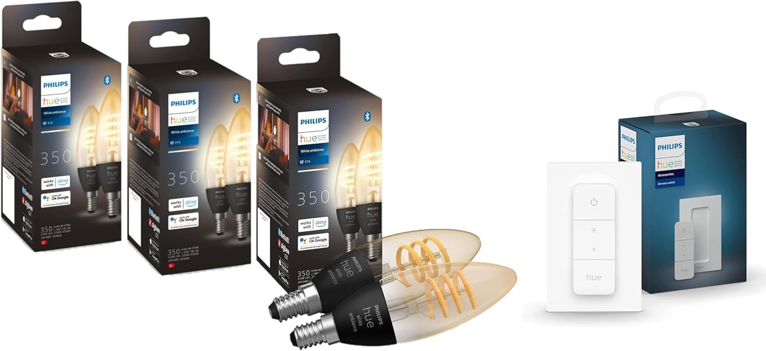 Hue White Ambiance Filament E14 LED Lampe, dimmbar, 350lm, alle Weißschattierungen, App-steuerbar, Alexa-kompatibel, Klar (6er Pack) mit kabellosem Dimmschalter für Lichtszenenabruf