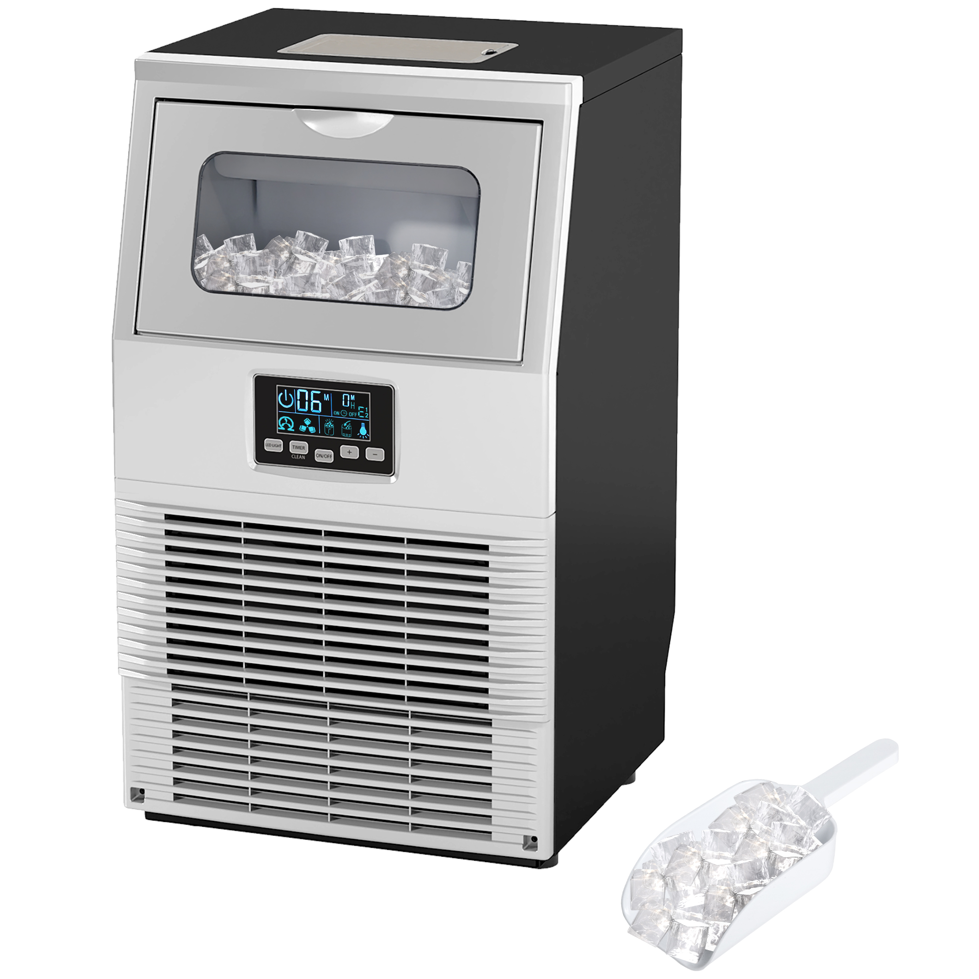 Commerci?le IJsblokjesmachine, LED-Verlichting, Makkelijk Afleesbare Displays, inclusief Schep, Zilver