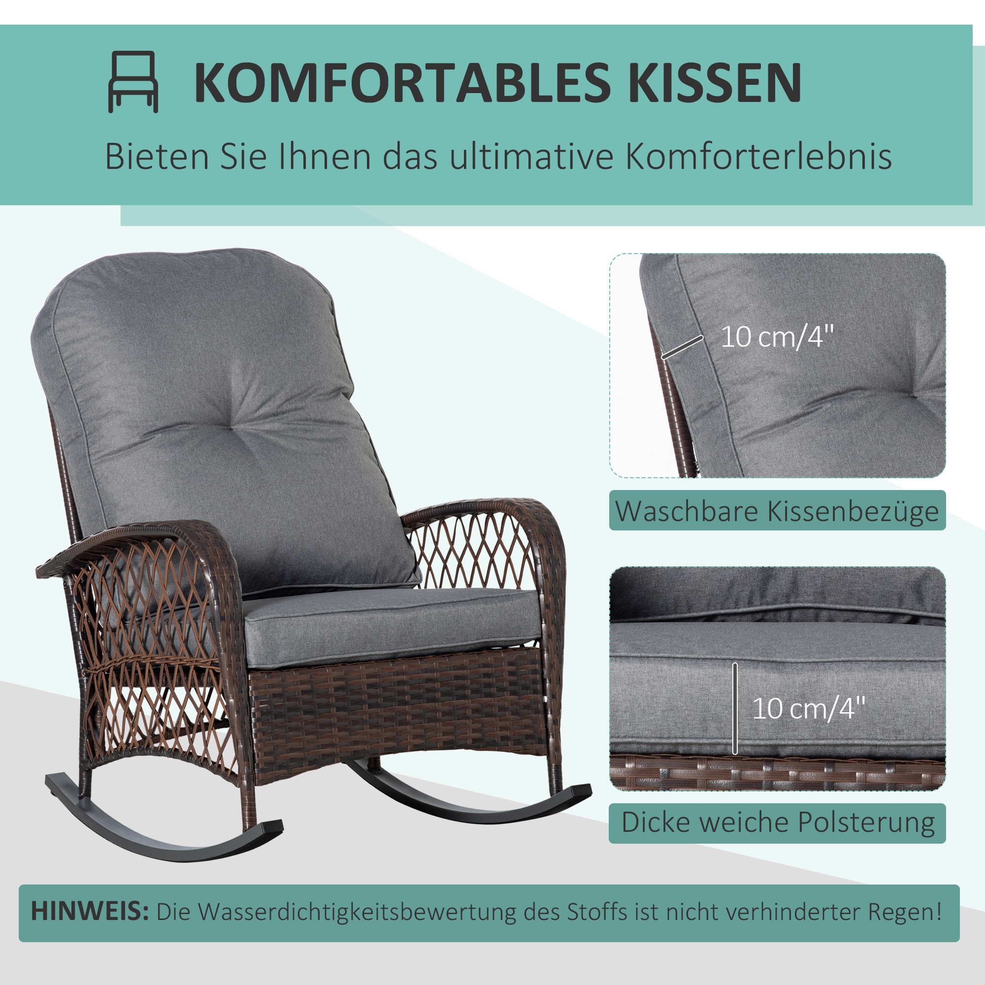 Outsunny poly rotan schommelstoel, schommelstoel, tuinstoel met kussen, loungemeubels, tuinmeubelen, terrasmeubels, bruin, 75 x 103 x 96 cm