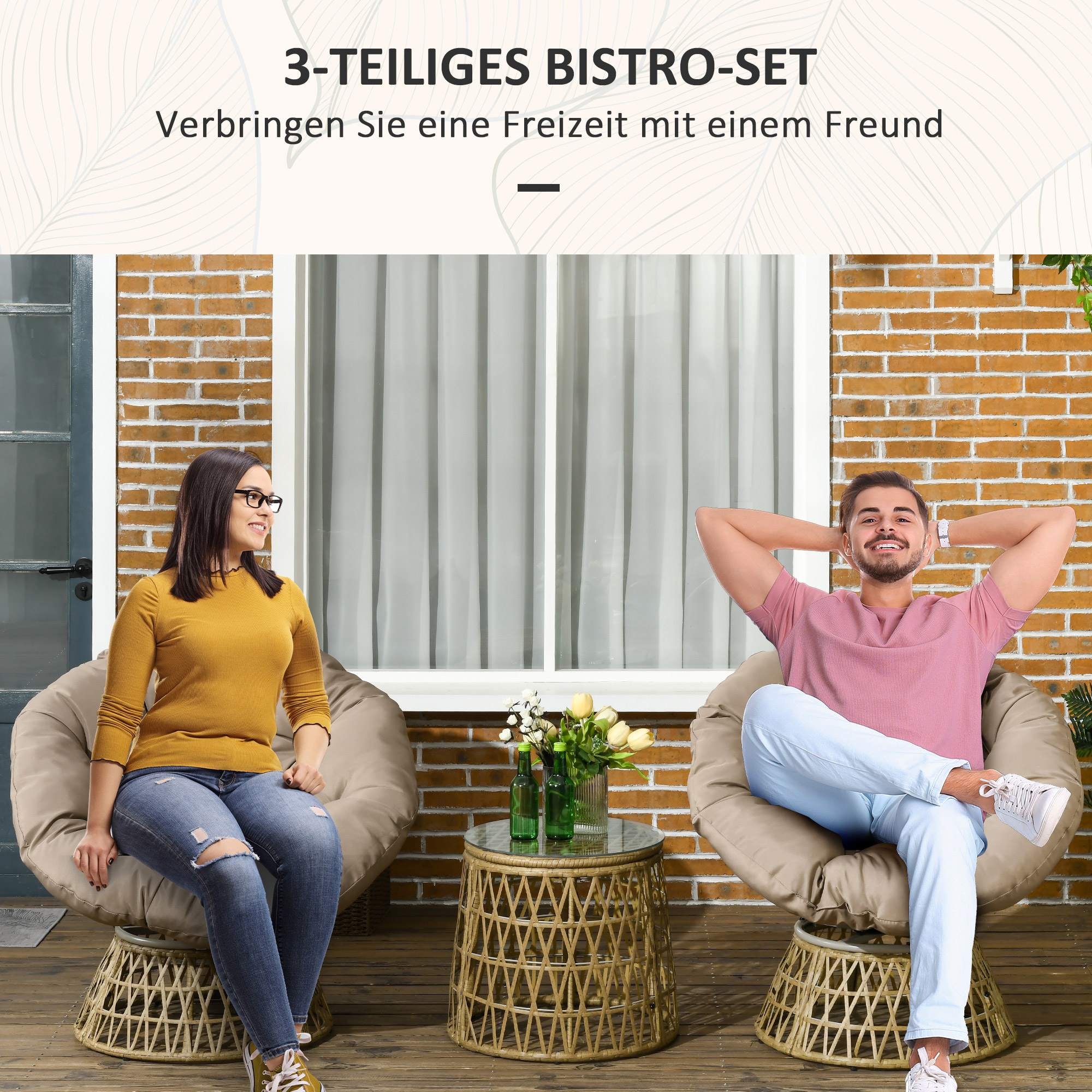 Tuinmeubelset 3-delig, Bistroset - Weerbestendig - Afneembare kussens - 85 cm x 70 cm x 82 cm - Natuurlijk + Lichtbruin