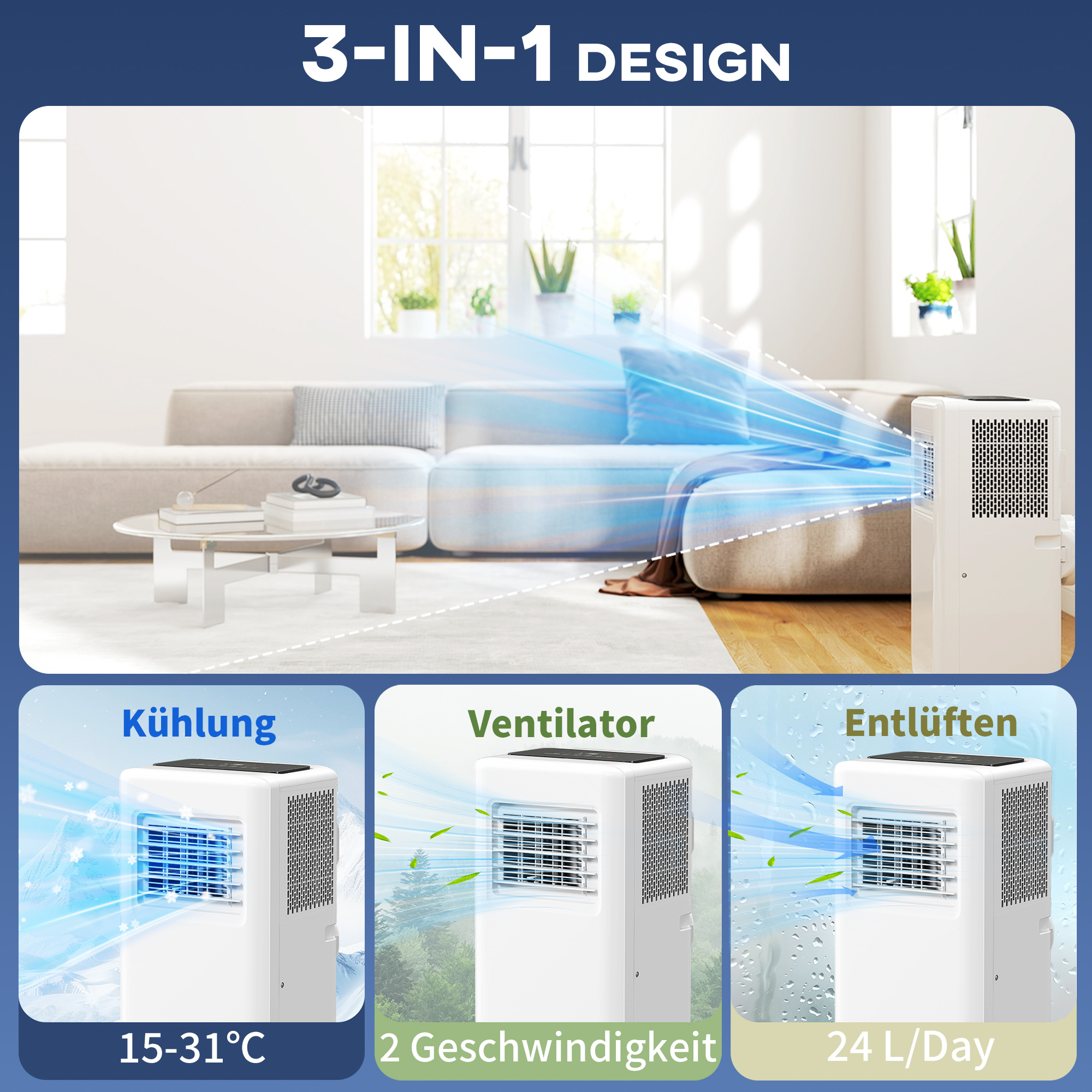 Draagbare Airconditioner met Meerdere Standen, LED-Display, Timer en Wielen, Wit