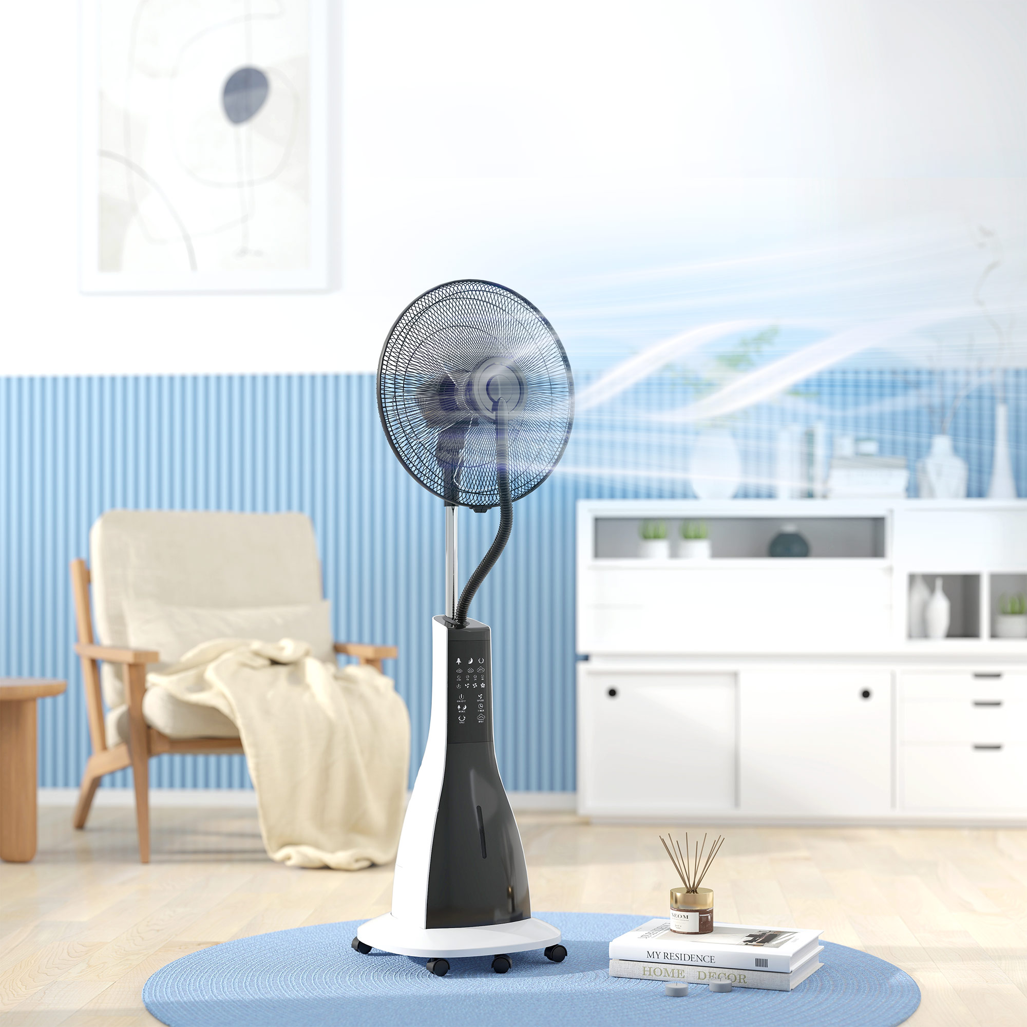 Nevelventilator met 75 Graden Draaifunctie, 3 Snelheden, 3 Modi, 3-Liter Watertank, Zwart+Wit