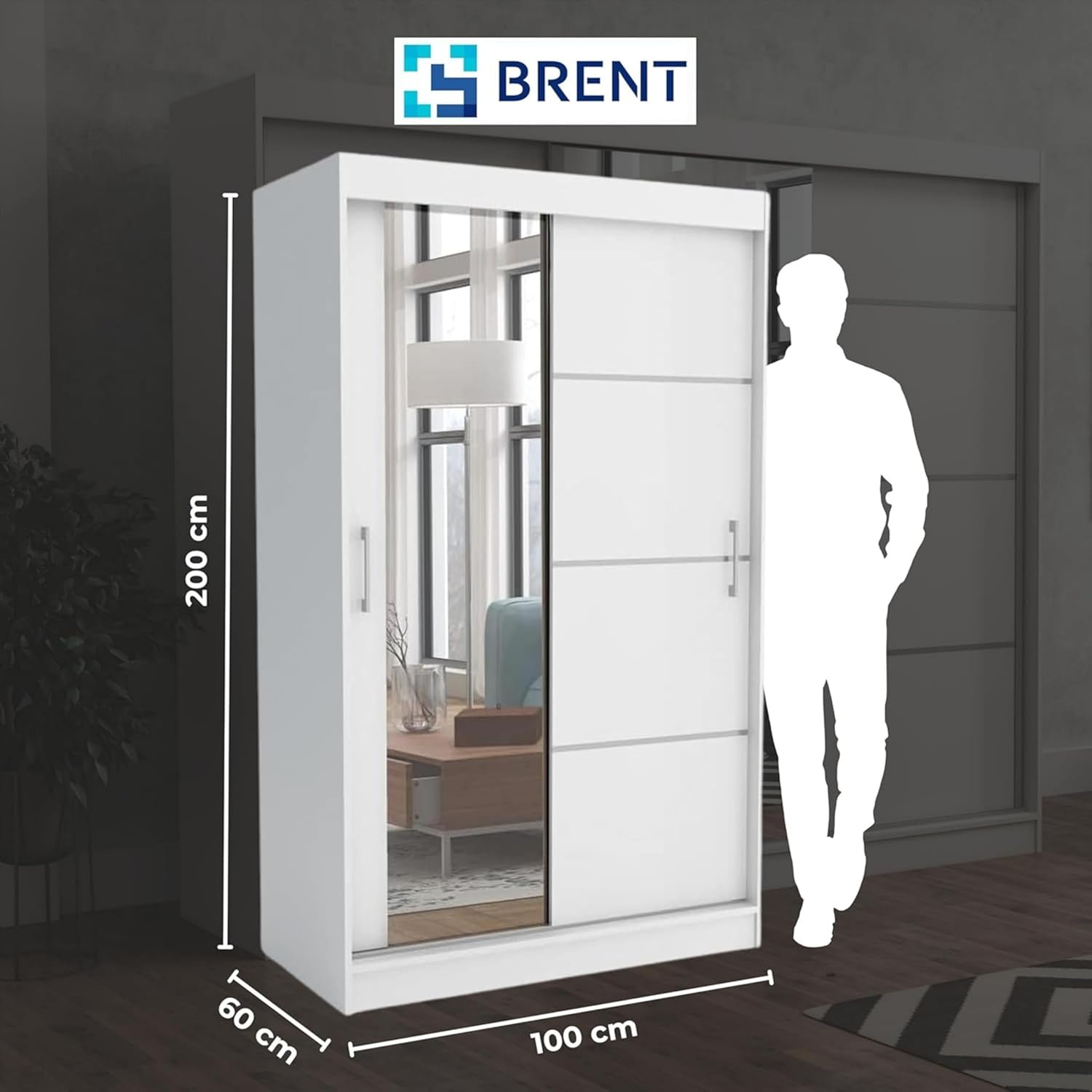 Brent - Kleiderschrank mit Spiegel 100cm Breit Windsor Tomy I Schlafzimmerschrank mit 2 Kleiderstange und Einlegeböden für Kleidung I Kleiderschrank Sonoma Eiche