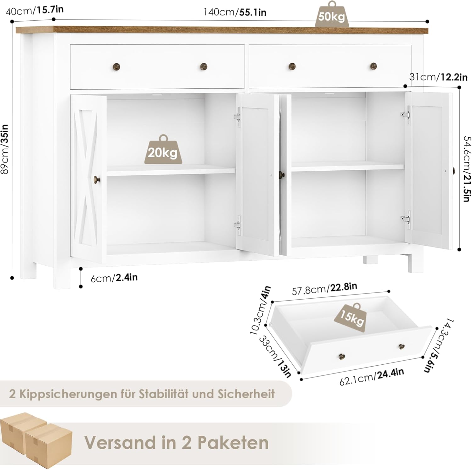 FirFurd Sideboard 140cm Breit Küchenschrank mit Arbeitsplatte Buffetschrank mit 2 Schubladen und 4 Türen Küchenbuffet mit Verstellbares Regal Sideboard für Küche Wohnzimmer Esszimmer weiß 140x89x40 cm