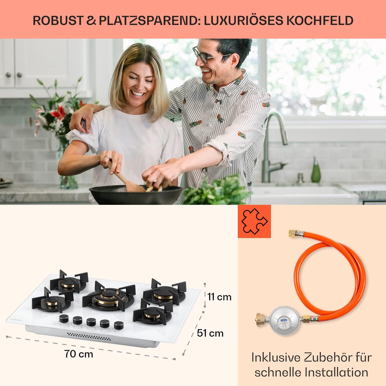 Klarstein Gasherd, Gaskochfeld 5 Flammen, Einbau-Gaskocher für Zuhause & Wohnmobil, Campingkocher mit Glasplatte, Gasherd für Propan- und Erdgas, Edelstahl Gas-Herdplatte Wok Brenner 10400 Watt