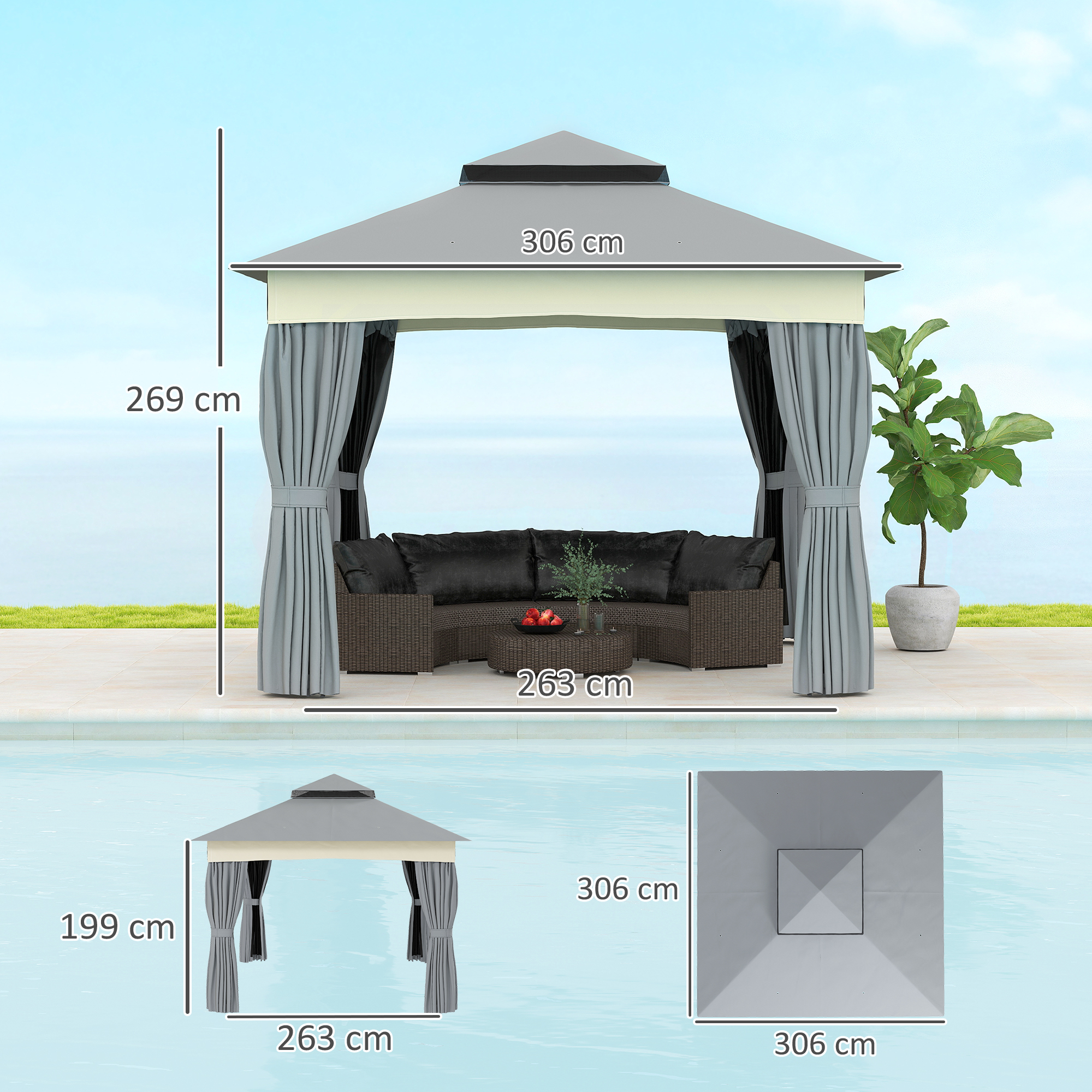 Paviljoen met Dubbel Dak, 3x3 m Waterafstotend en Stabiel Winterbestendig Tuinpaviljoen van Metaal - Donkergrijs