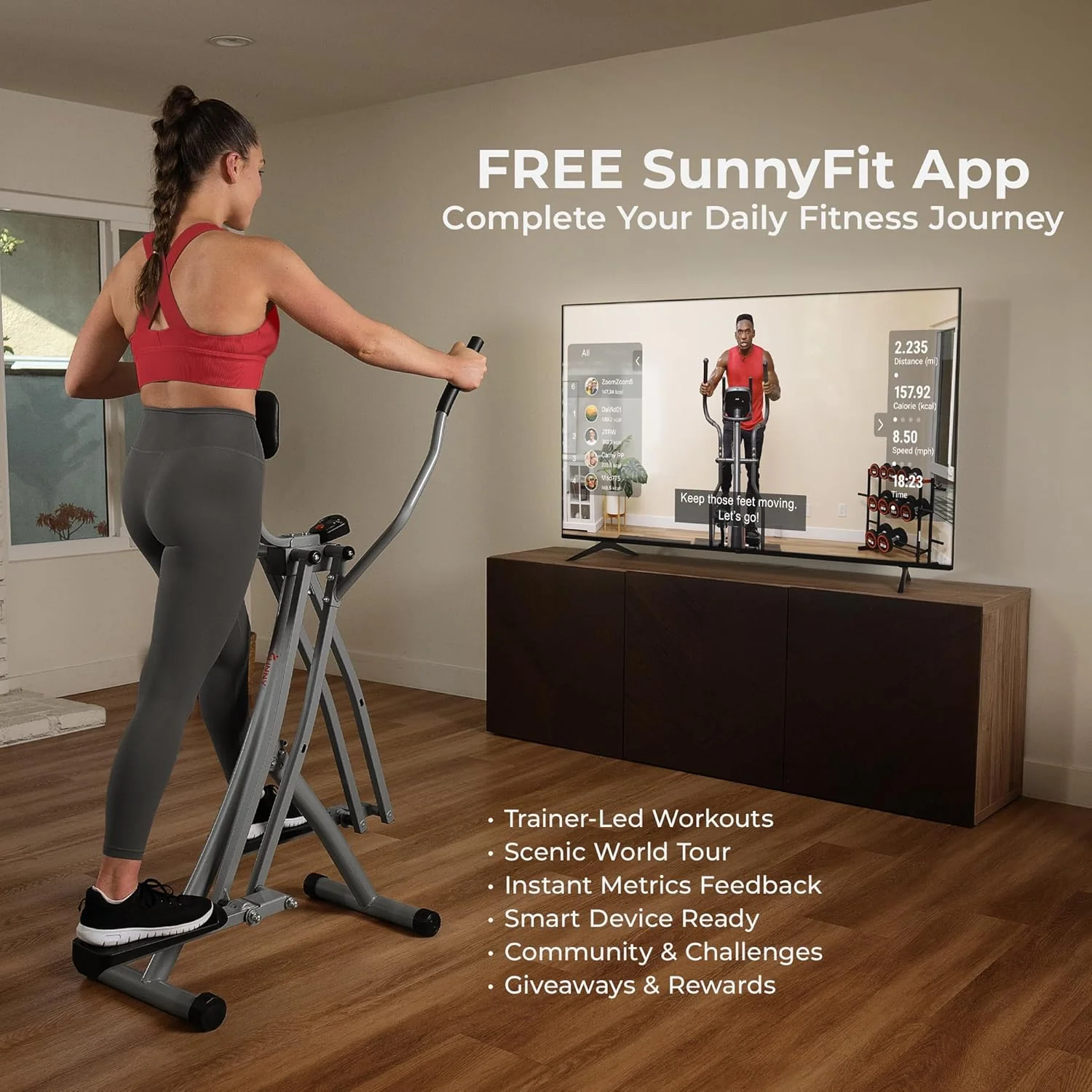 Sunny Health & Fitness Smart Air Walker Elliptical, Low-Impact 30-Inch Stride Home Glider Machine, Senior Cross Trainer for Indoor Cardio Exercise, Free SunnyFit App Bluetooth Connection- SF-E902SMART