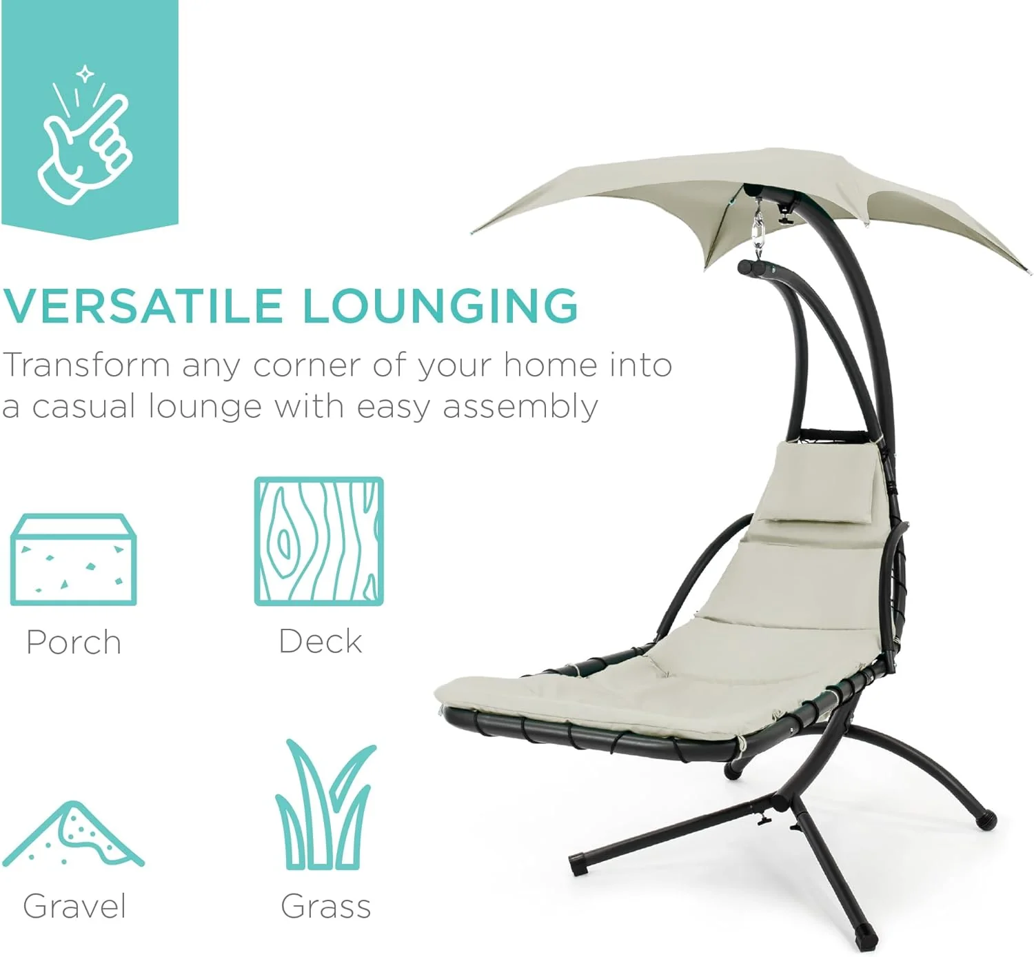 Best Choice Products Outdoor Hanging Curved Steel Chaise Lounge Chair Swing w/Built-in Pillow and Removable Canopy - Charcoal Gray