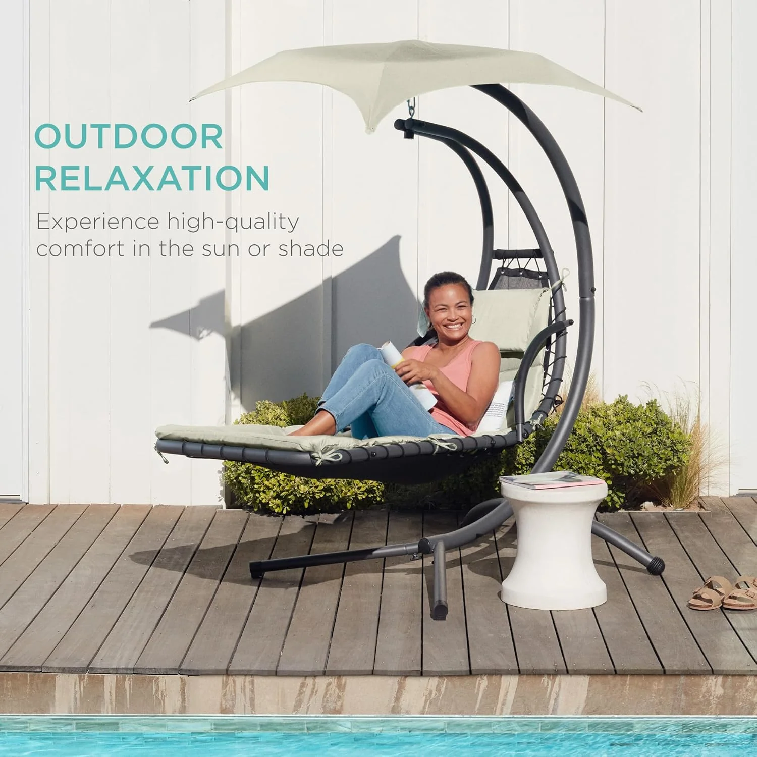 Best Choice Products Outdoor Hanging Curved Steel Chaise Lounge Chair Swing w/Built-in Pillow and Removable Canopy - Charcoal Gray