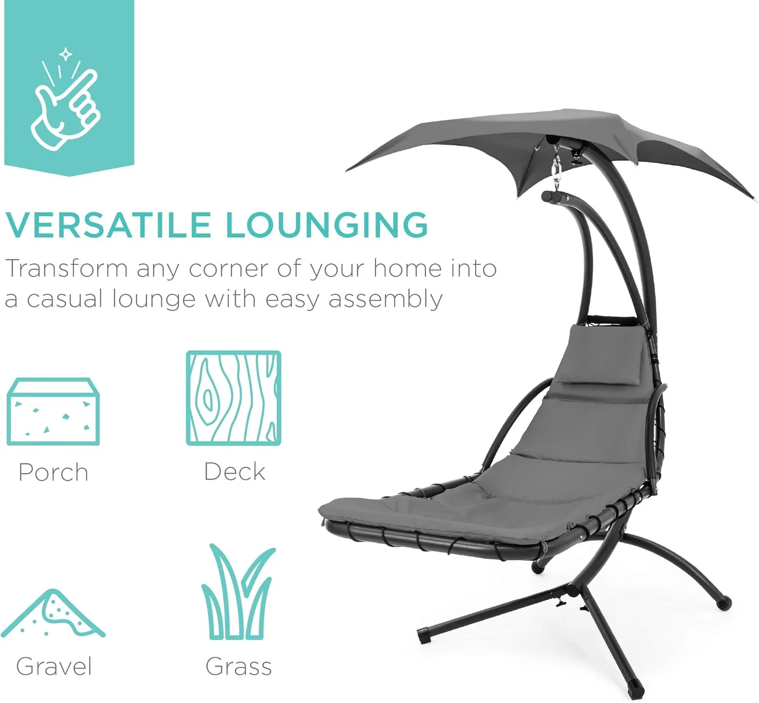 Best Choice Products Outdoor Hanging Curved Steel Chaise Lounge Chair Swing w/Built-in Pillow and Removable Canopy - Charcoal Gray