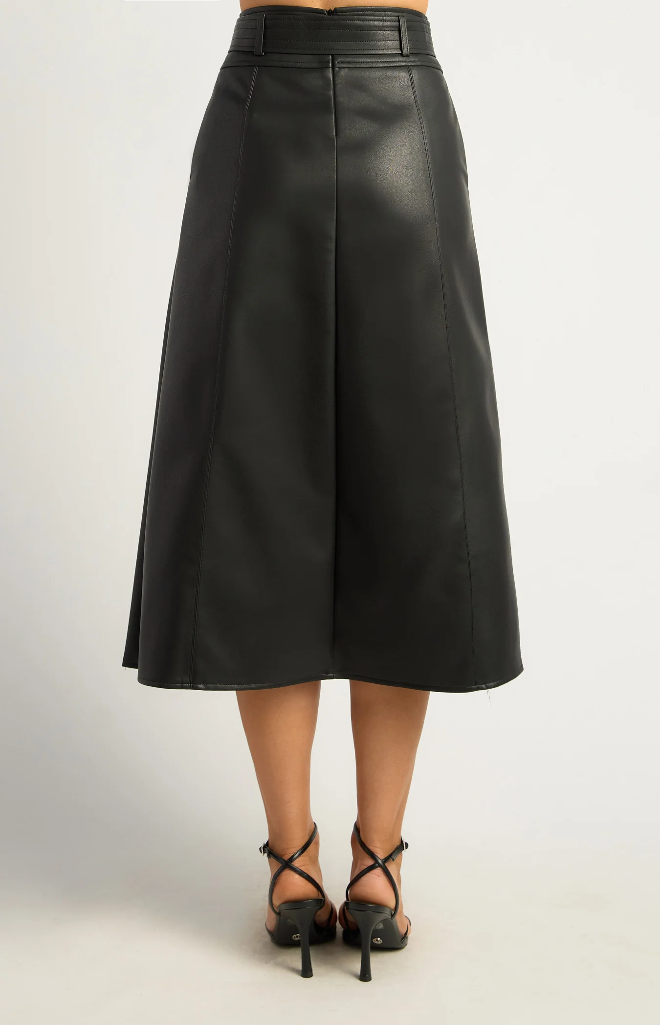 A Line Faux Leather Midi Skirt with Top Stitch Belt Detail