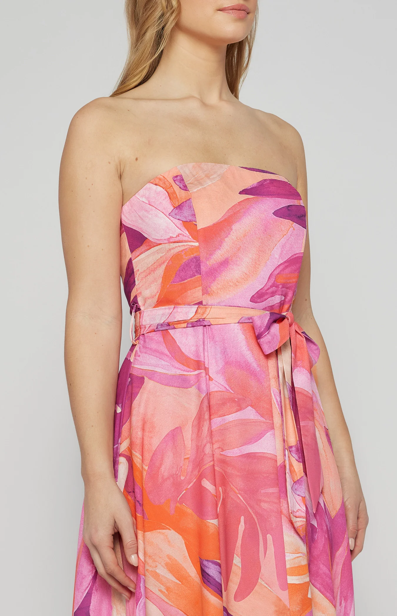 Abstract Print Strapless Maxi Dress- Pink