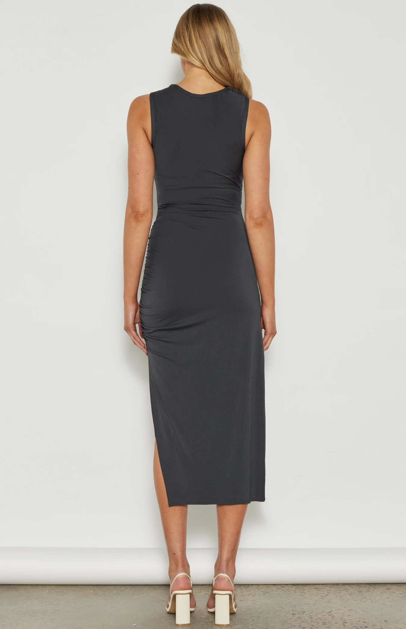 Stretch Jersey Cowl Neck Ruche Detail Midi Dress