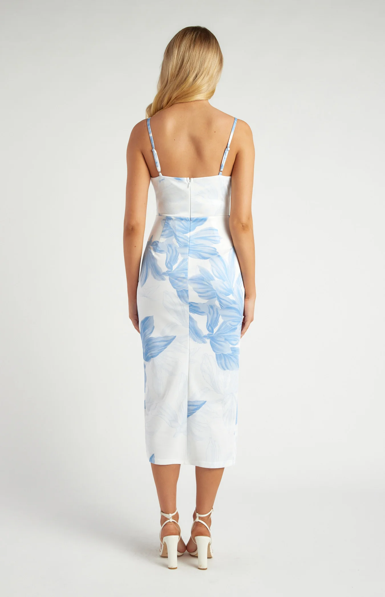 Stretch Bodycon Floral Dress with Side Pleat Details - Blue