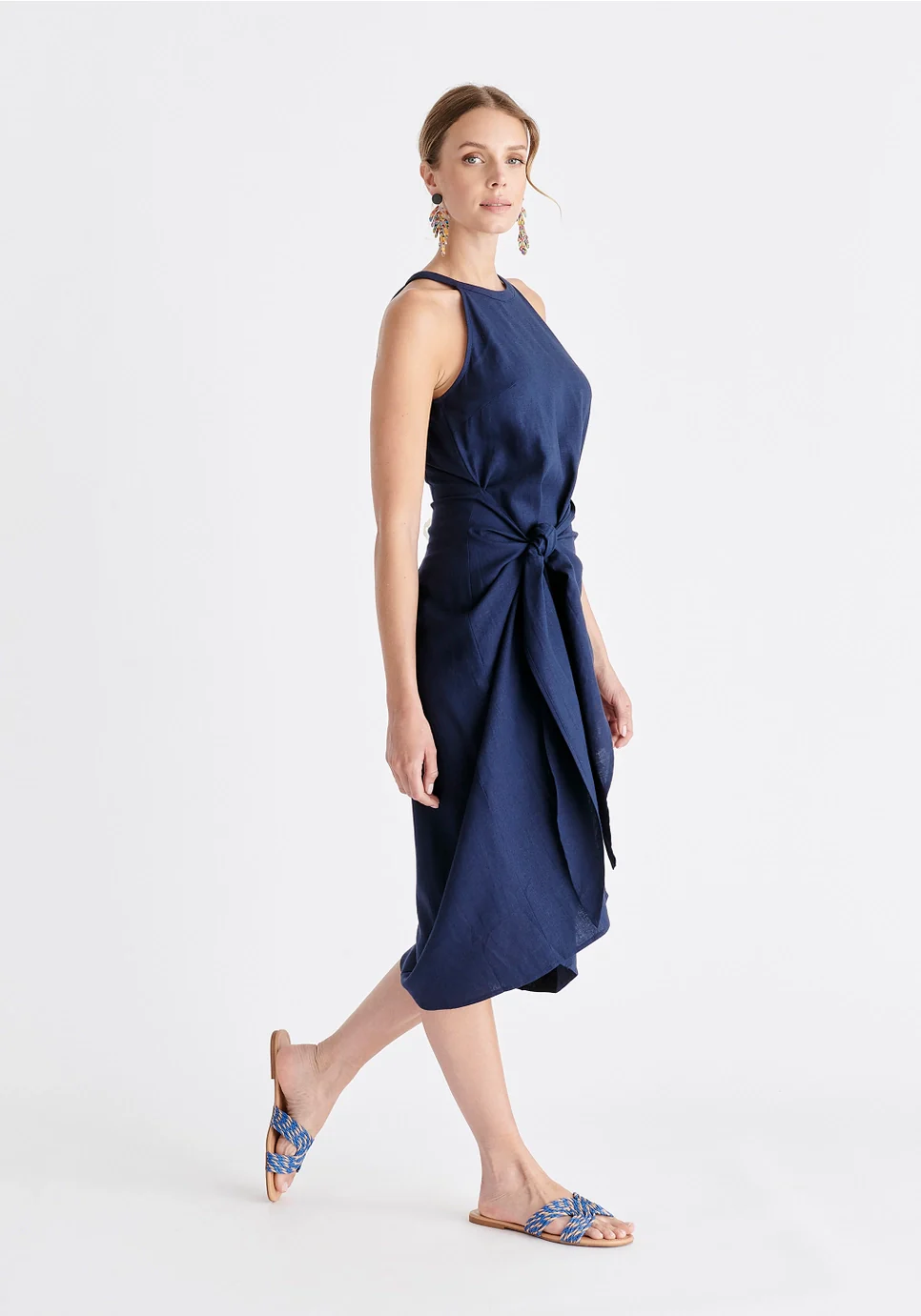 Linen Blend Waist Tie Dress - Navy