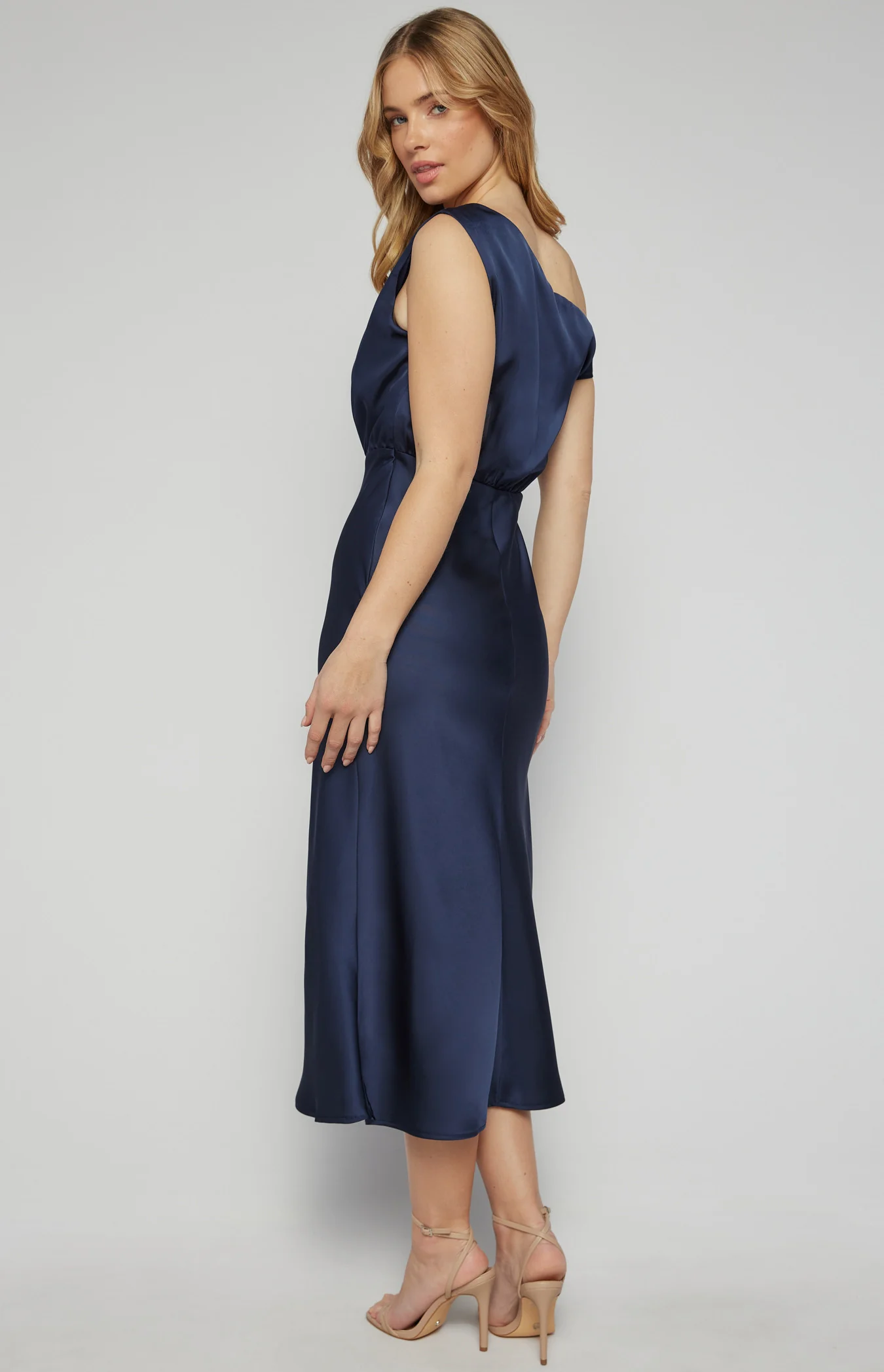 One Shoulder Detail Satin Midi Dress