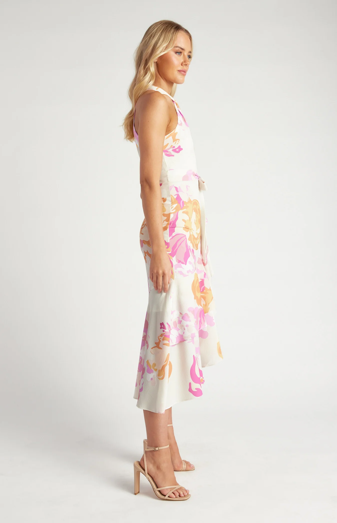 Floral Halter Dress with Waterfall Hem