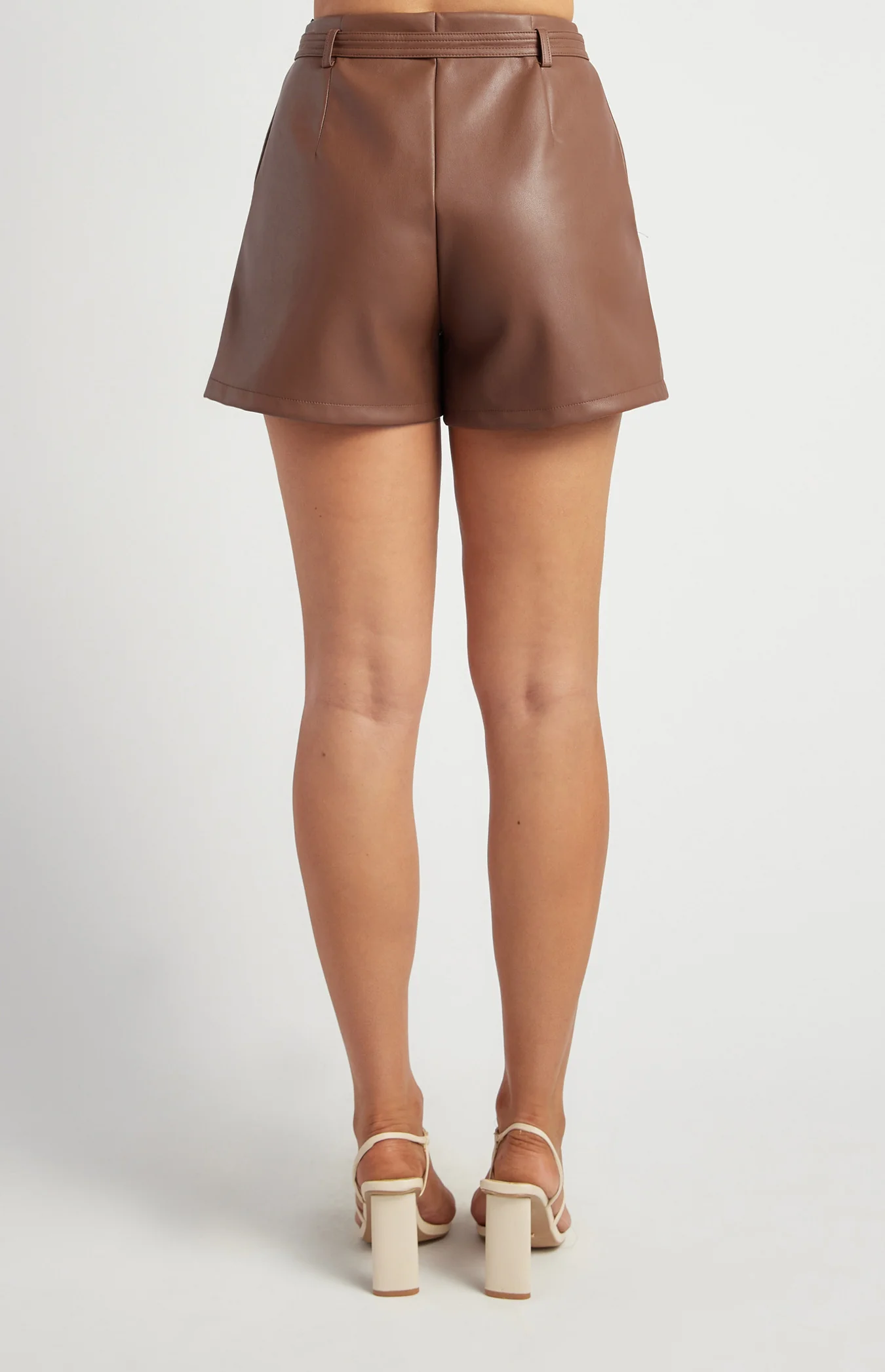 Square Buckle Stitched Belt Detail Faux Leather Shorts - Chocolate