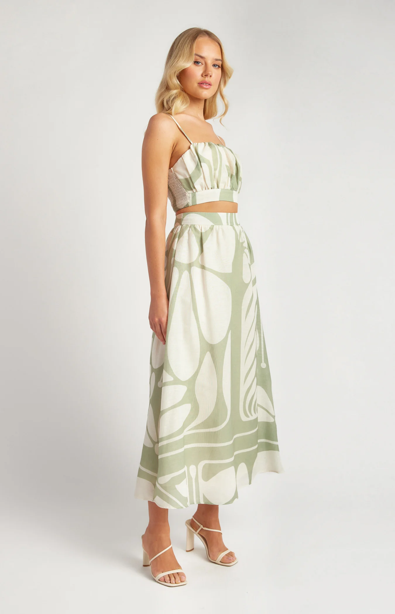 Faux Linen Print Set with Ruche Detail Top and Maxi Skirt