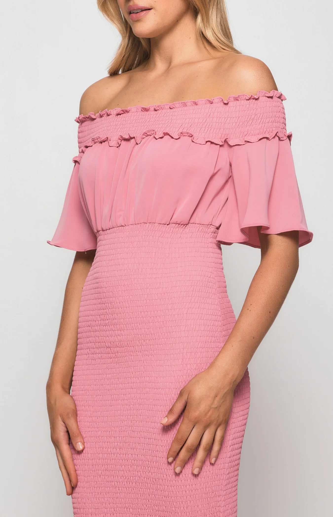 Off the Shoulder Shirred Midi Dress