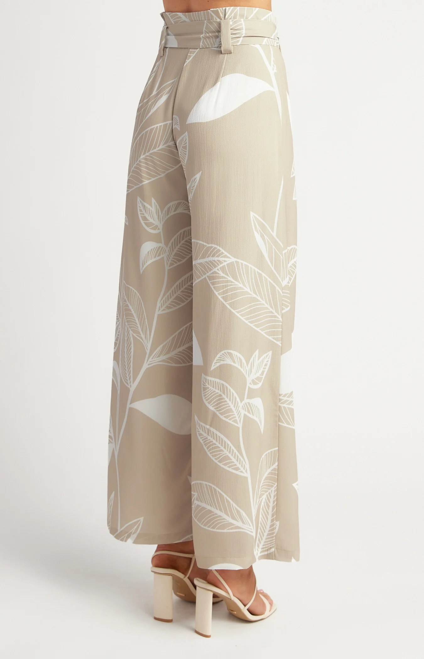 Leaf Print Paper Bag Waist Wide Leg Pants