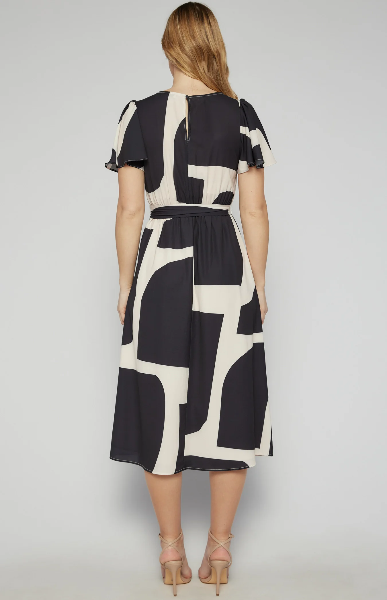 Abstract Print Midi Dress with Elastic Waist