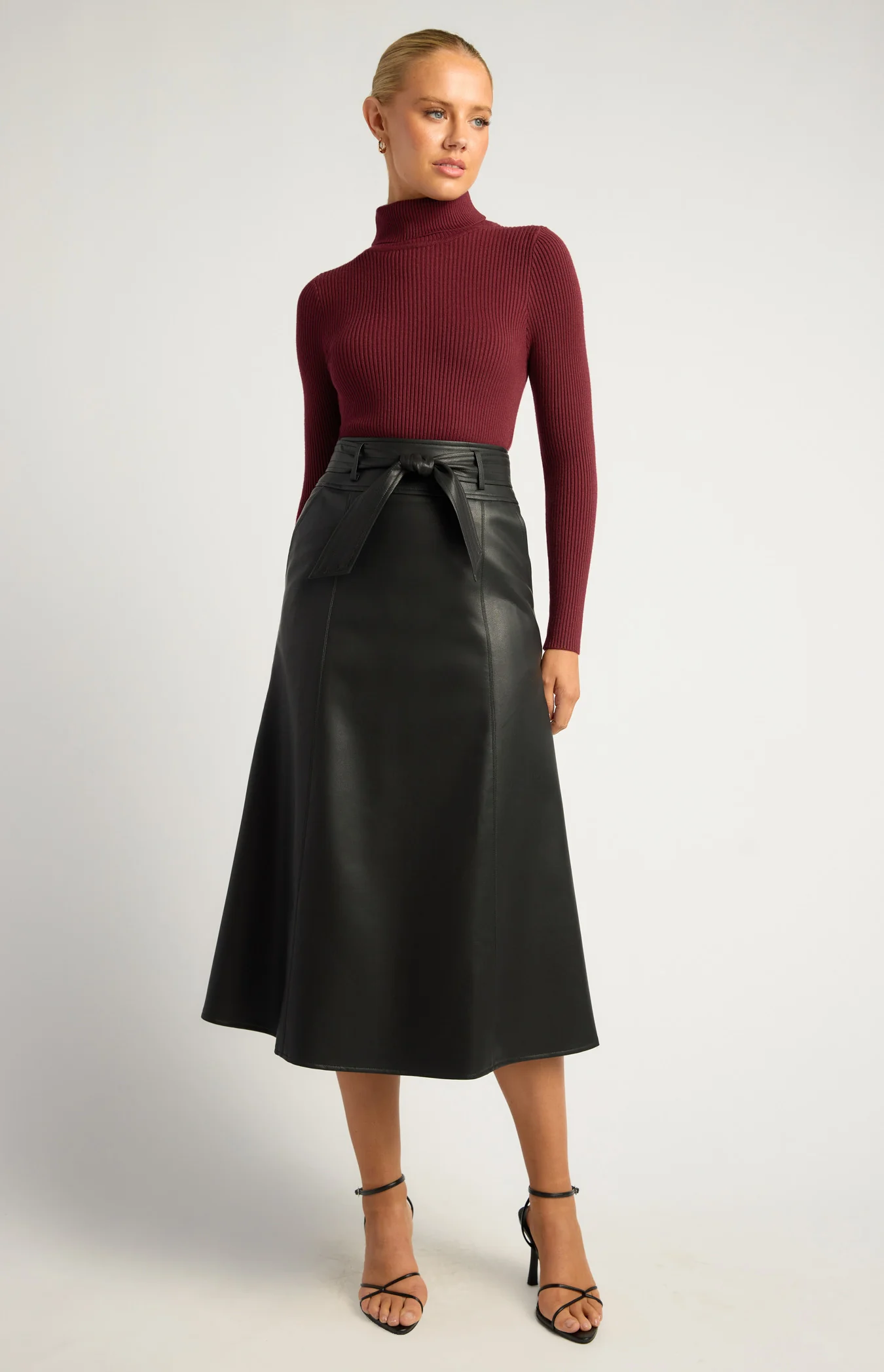 A Line Faux Leather Midi Skirt with Top Stitch Belt Detail