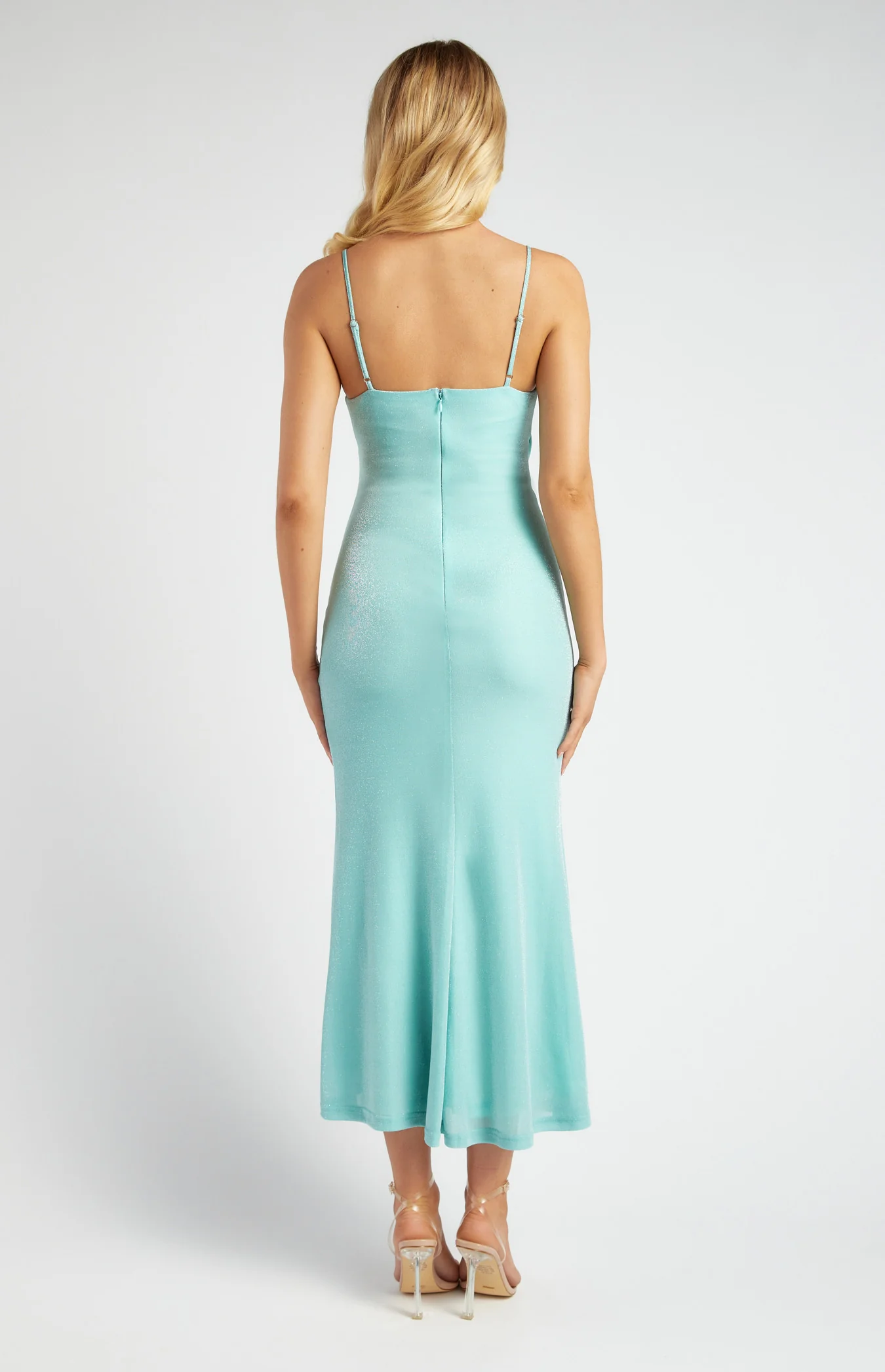 Metallic Mesh Maxi Dress with Side Pleat Details - Aqua