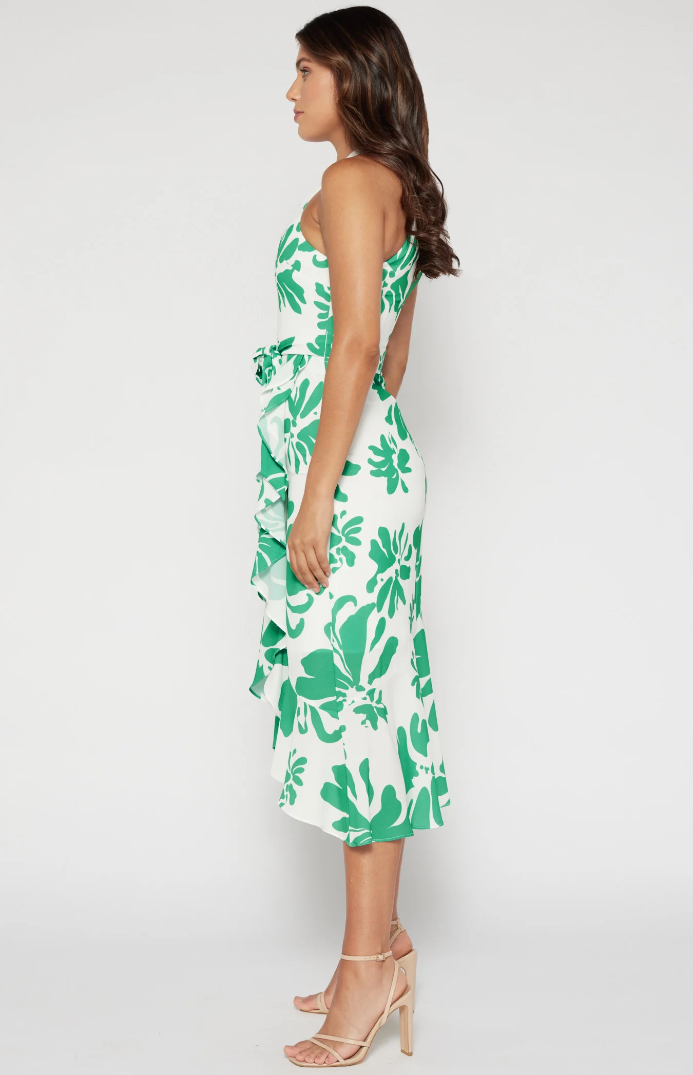Abstract Floral Halter Dress with Waterfall Hem
