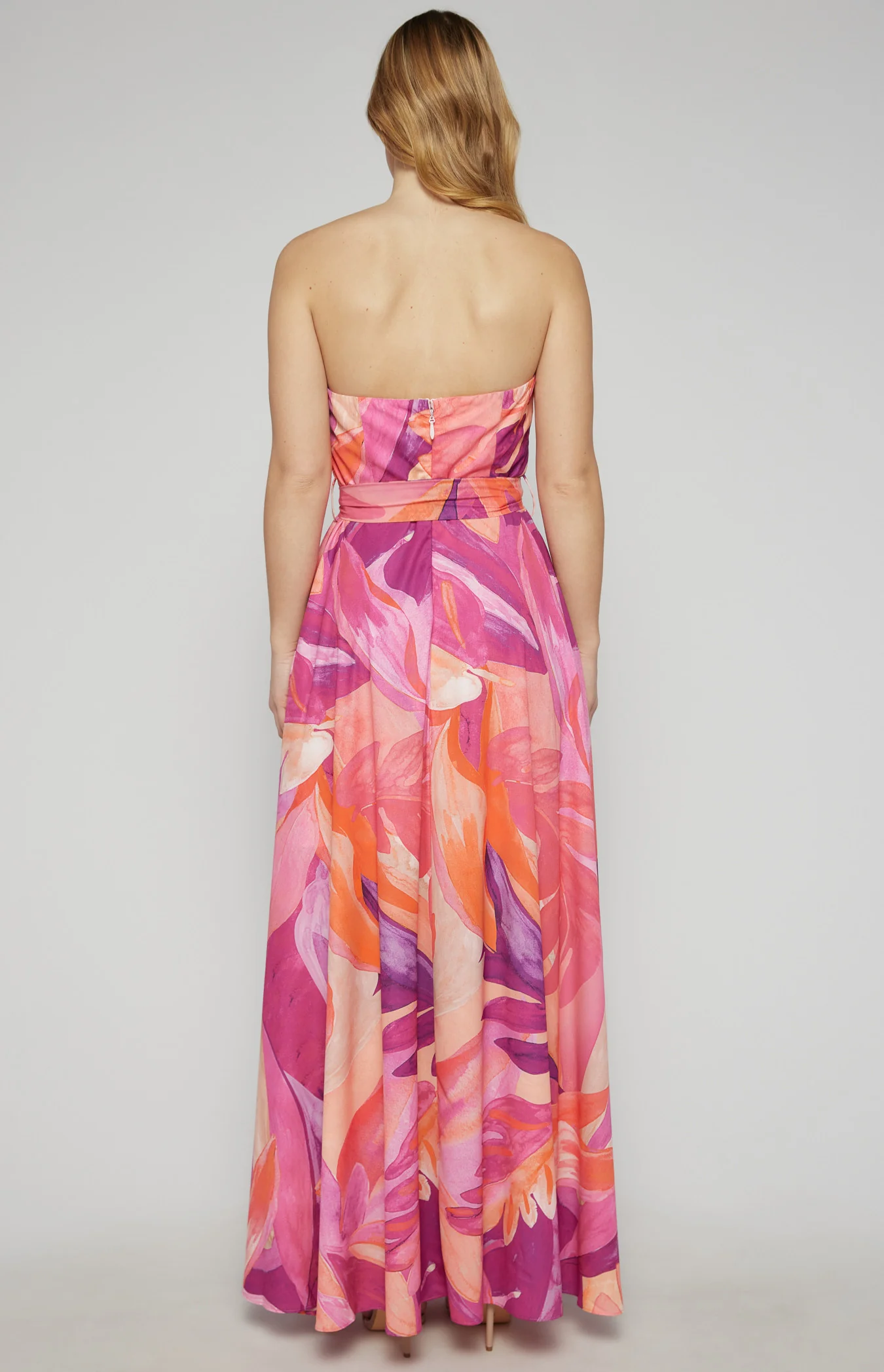 Abstract Print Strapless Maxi Dress- Pink