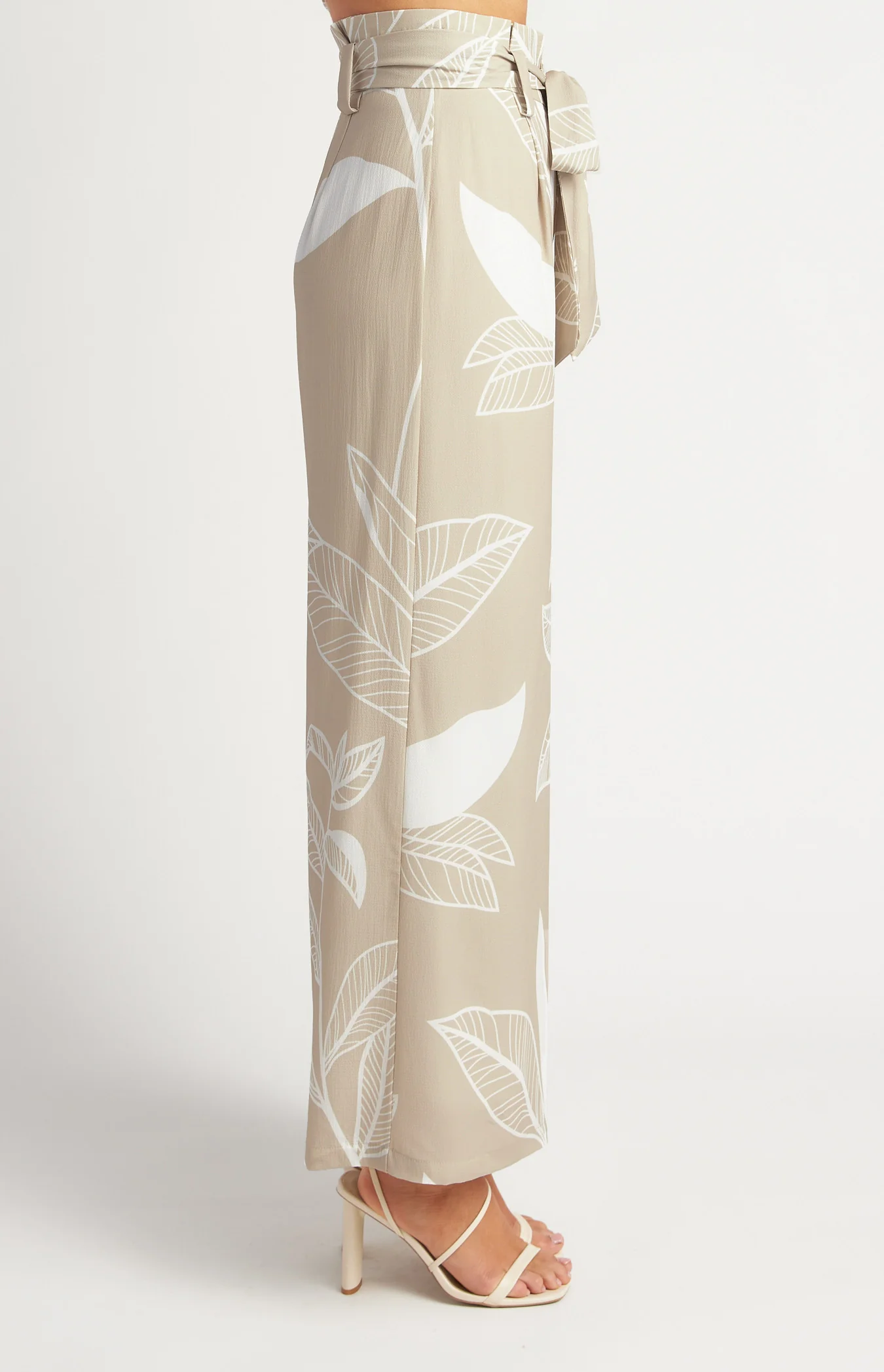 Leaf Print Paper Bag Waist Wide Leg Pants