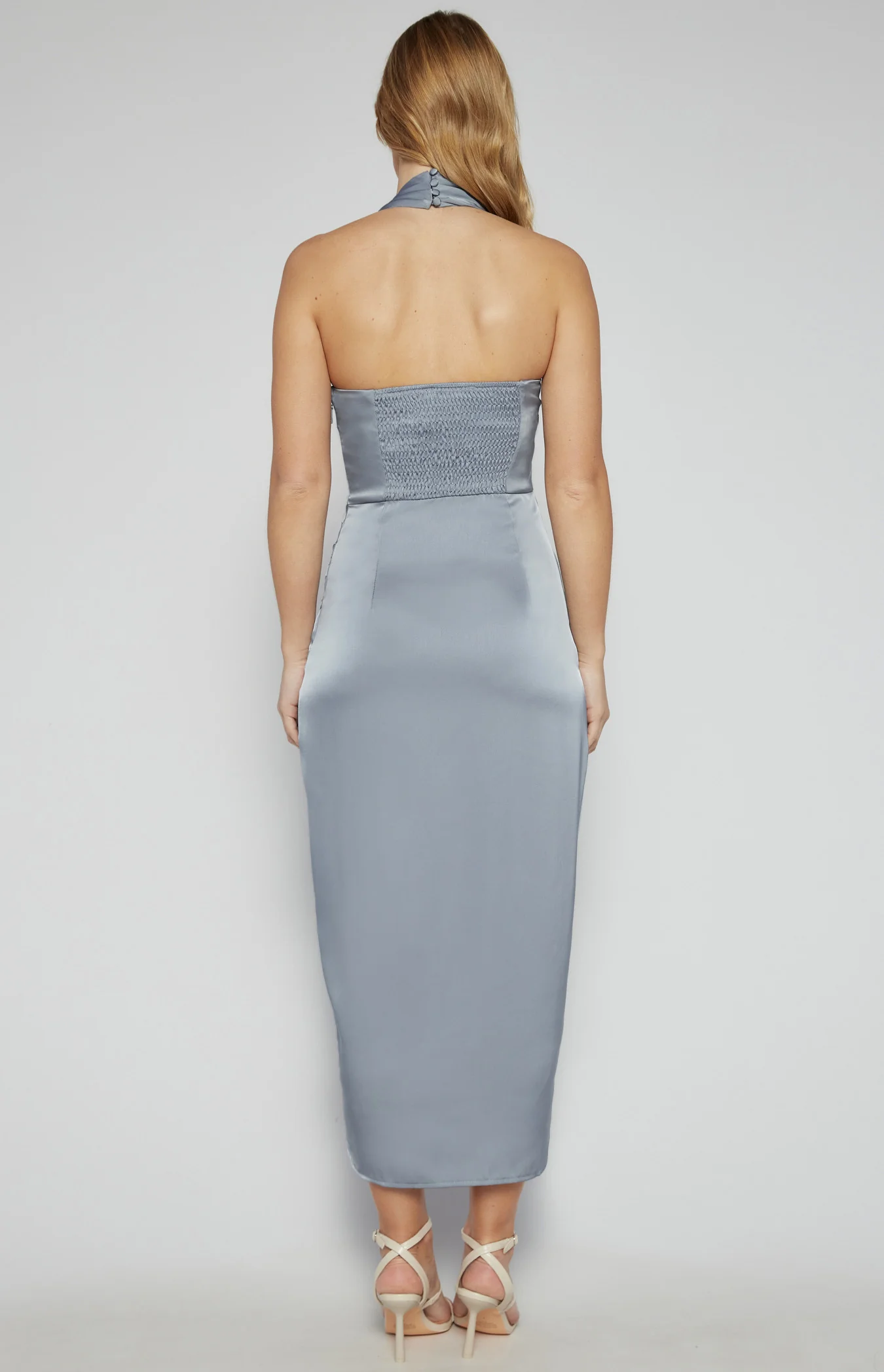 Satin Wrap Feature Neckline Midi Dress - Blue Grey